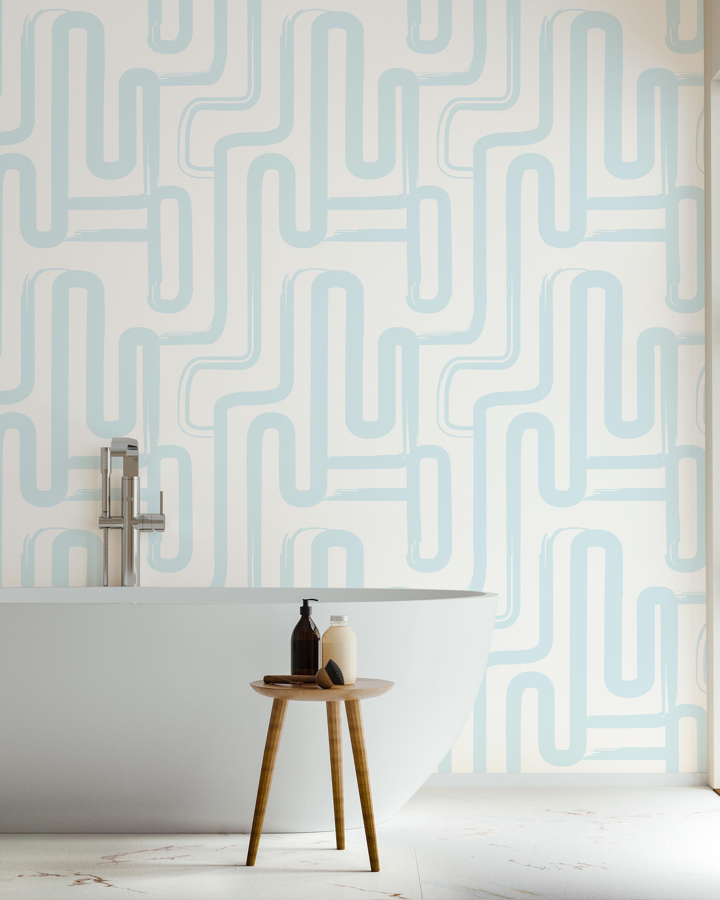 Curved Lines Peel and Stick Wallpaper, Removable Wallpaper, Traditional Wallpaper - Pastel Blue | DeccoPrint