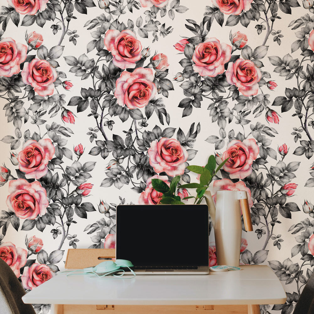 Rose in Pastel Peel and Stick Wallpaper, Removable Wallpaper, Traditional Wallpaper | DeccoPrint