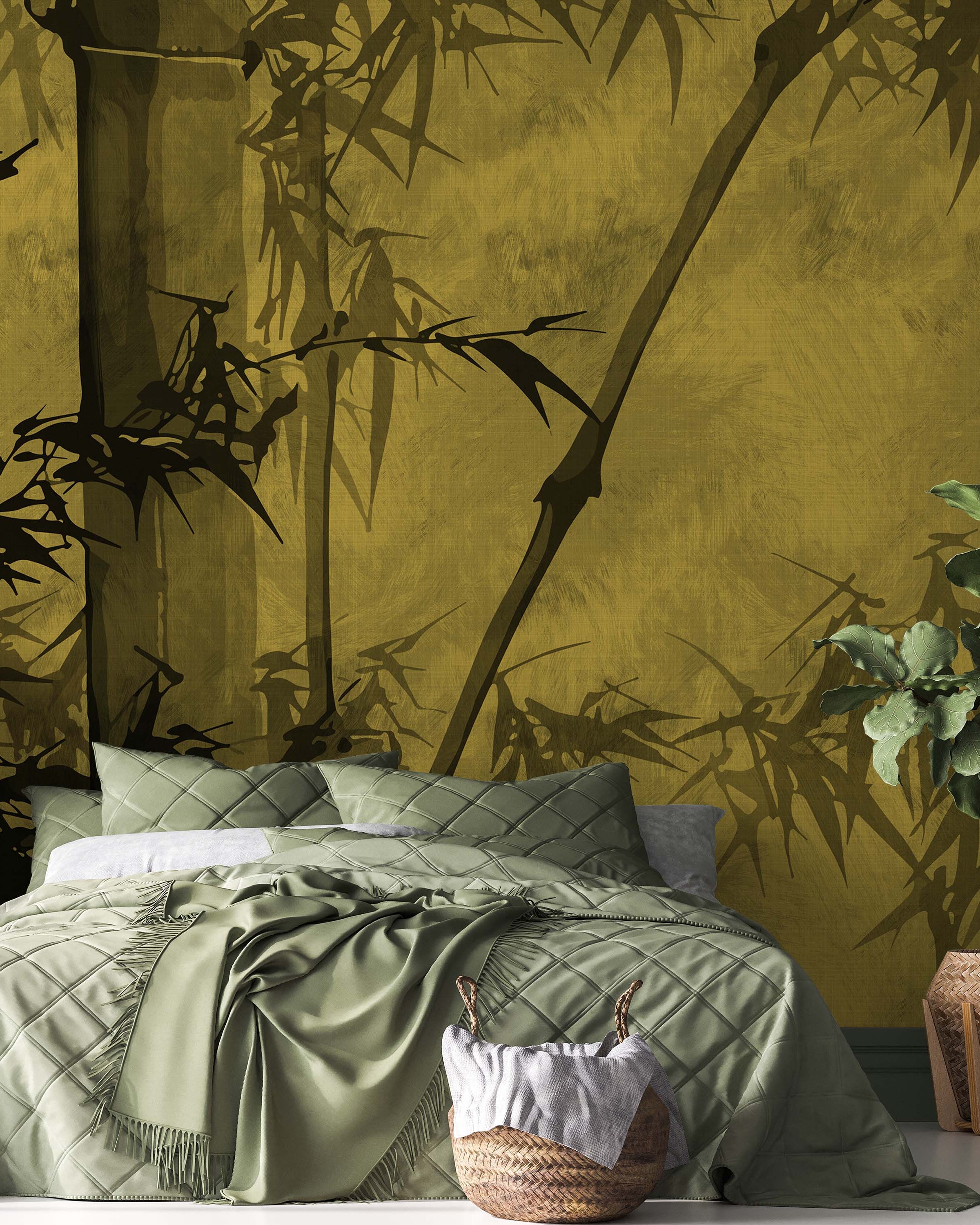 Bamboo Tree Mural Peel and Stick Wallpaper, Removable Wallpaper, Traditional Wallpaper - Yellow | DeccoPrint