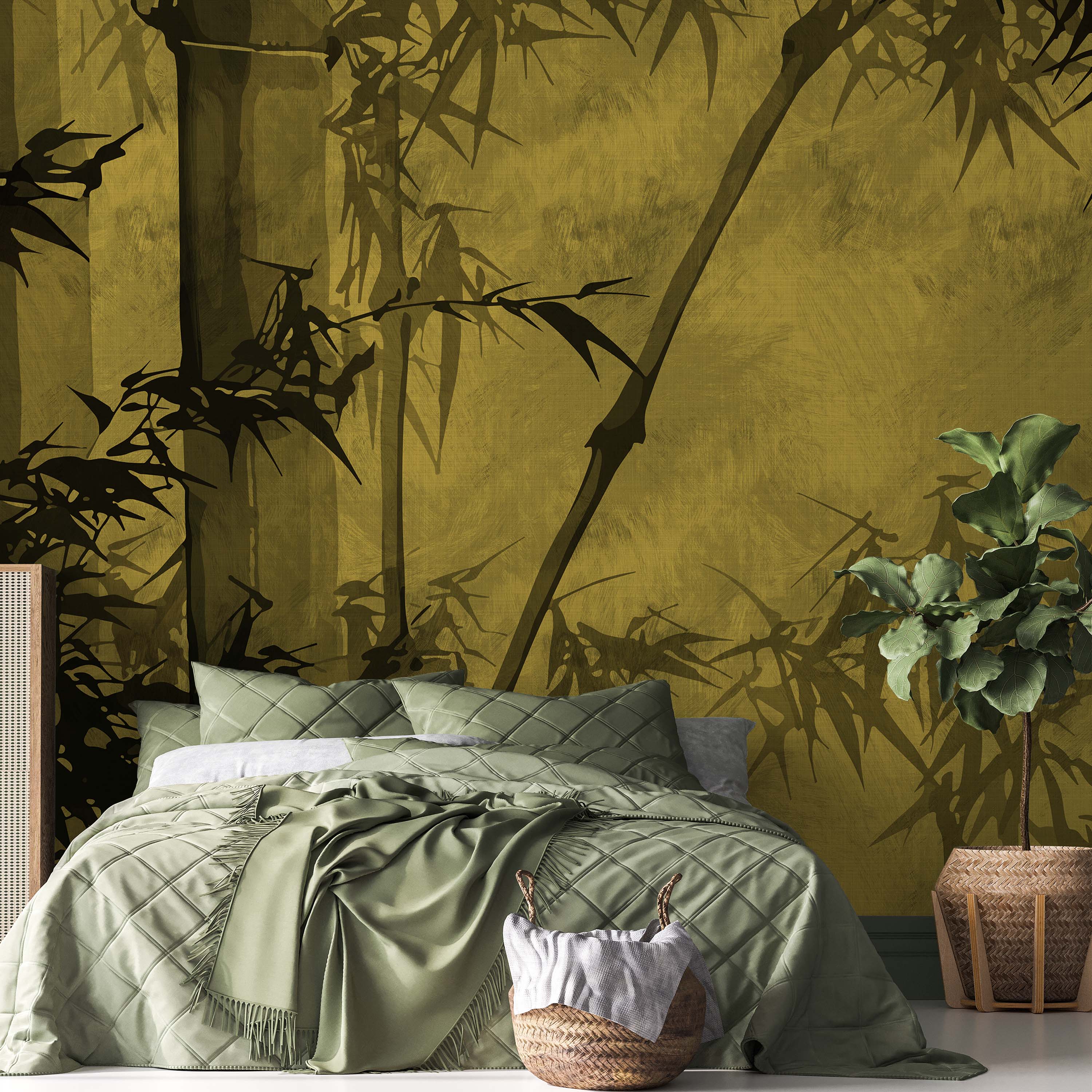 Bamboo Tree Mural Peel and Stick Wallpaper, Removable Wallpaper, Traditional Wallpaper - Yellow | DeccoPrint