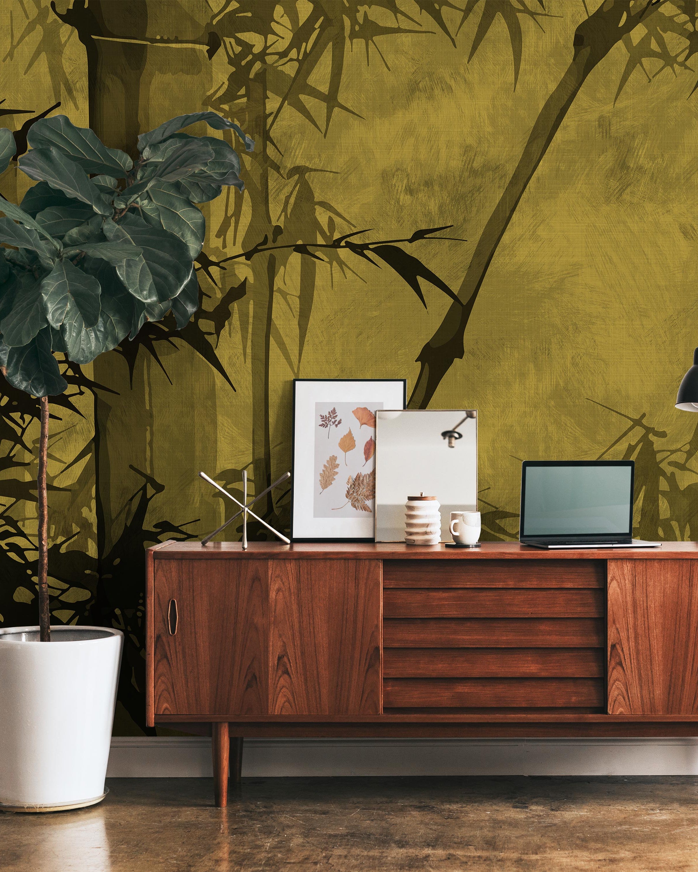 Bamboo Tree Mural Peel and Stick Wallpaper, Removable Wallpaper, Traditional Wallpaper - Yellow | DeccoPrint