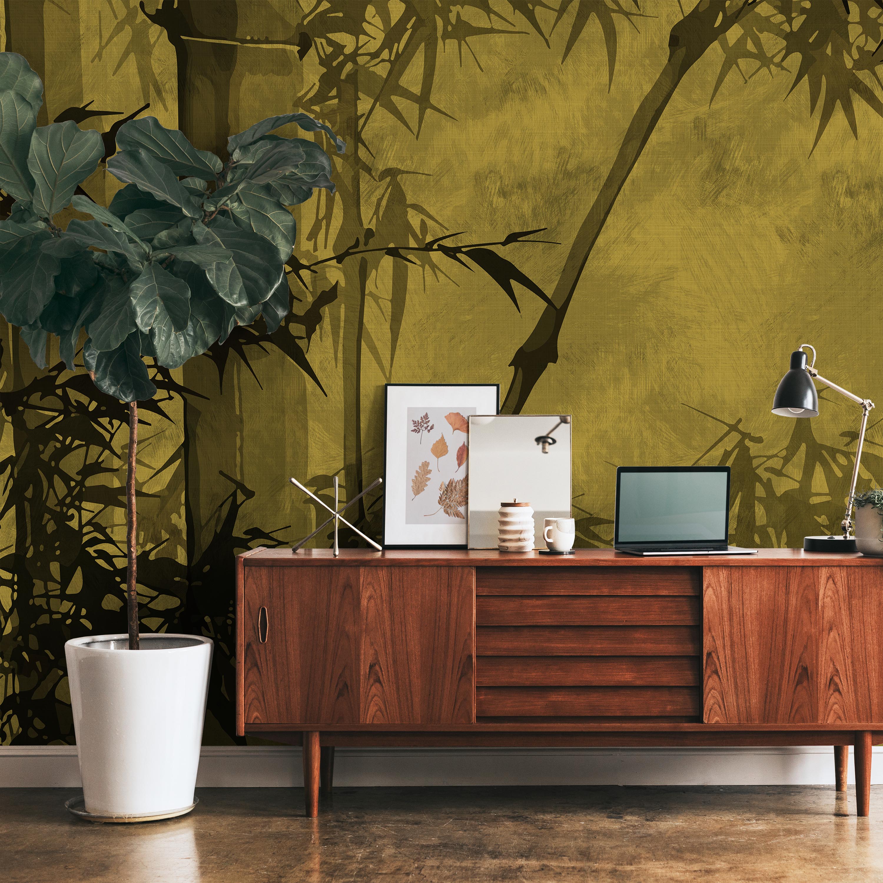 Bamboo Tree Mural Peel and Stick Wallpaper, Removable Wallpaper, Traditional Wallpaper - Yellow | DeccoPrint