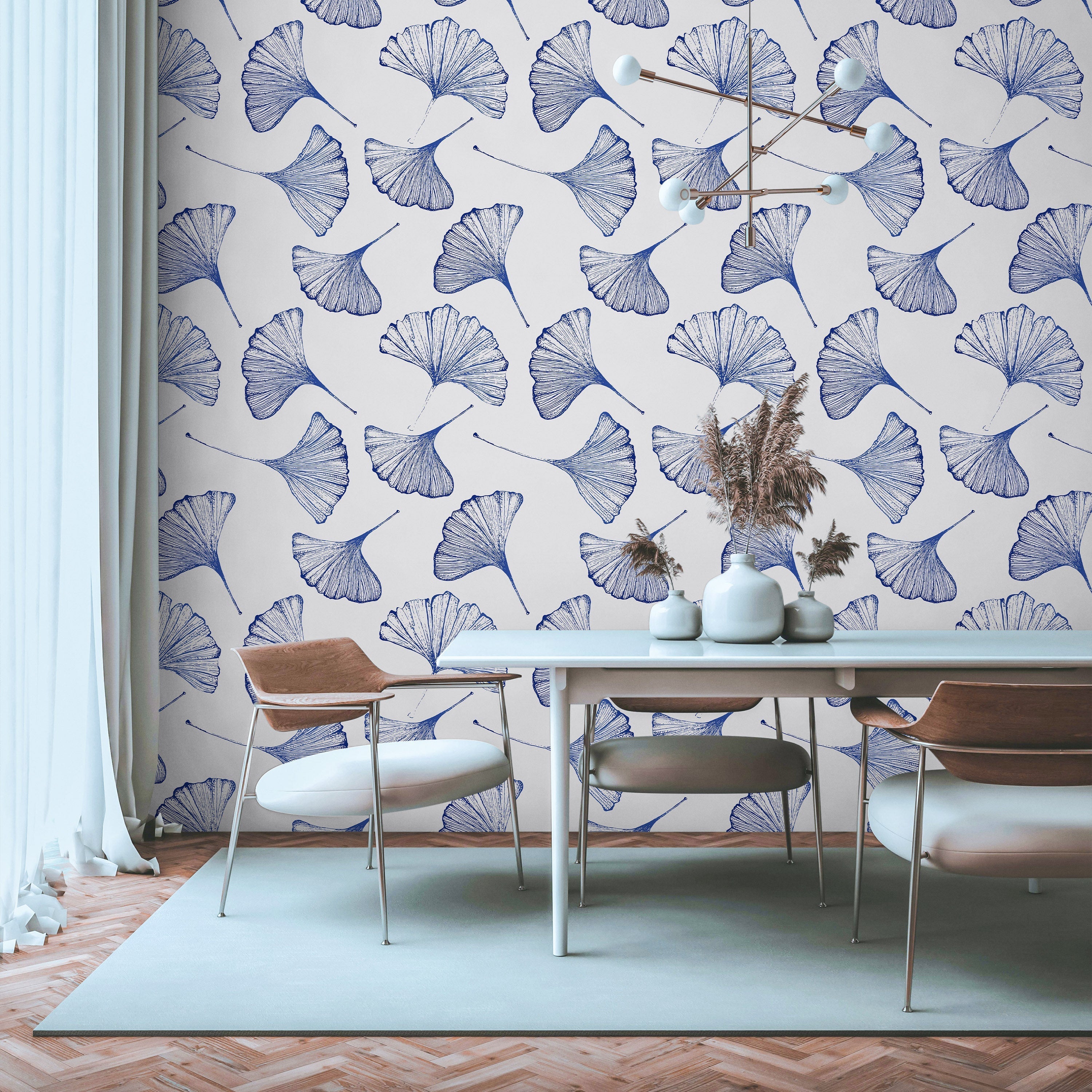 Ginkgo Leaves Peel and Stick Wallpaper, Removable Wallpaper, Traditional Wallpaper - Blue | DeccoPrint