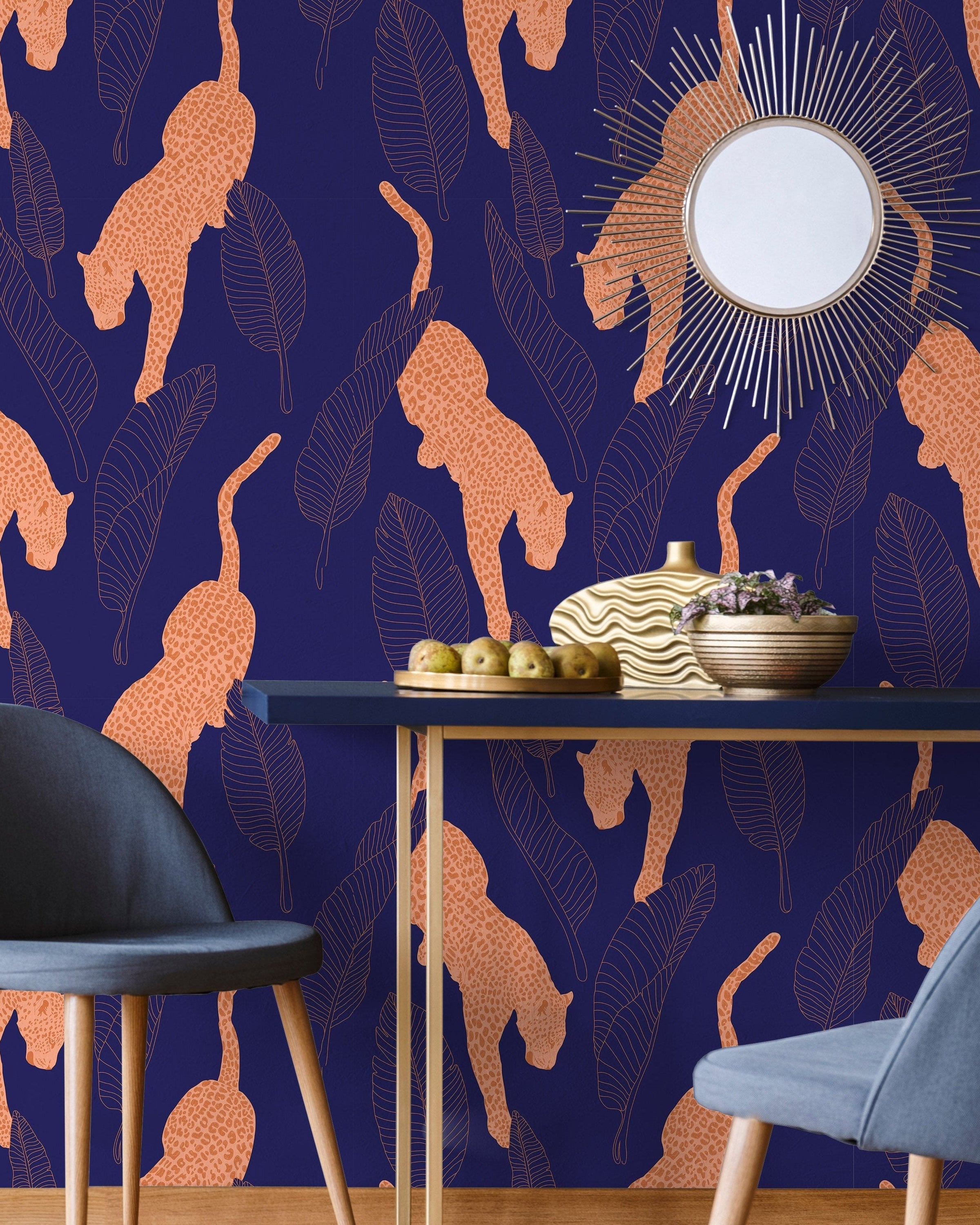 Leopards Peel and Stick Wallpaper, Removable Wallpaper, Traditional Wallpaper - Blue | DeccoPrint