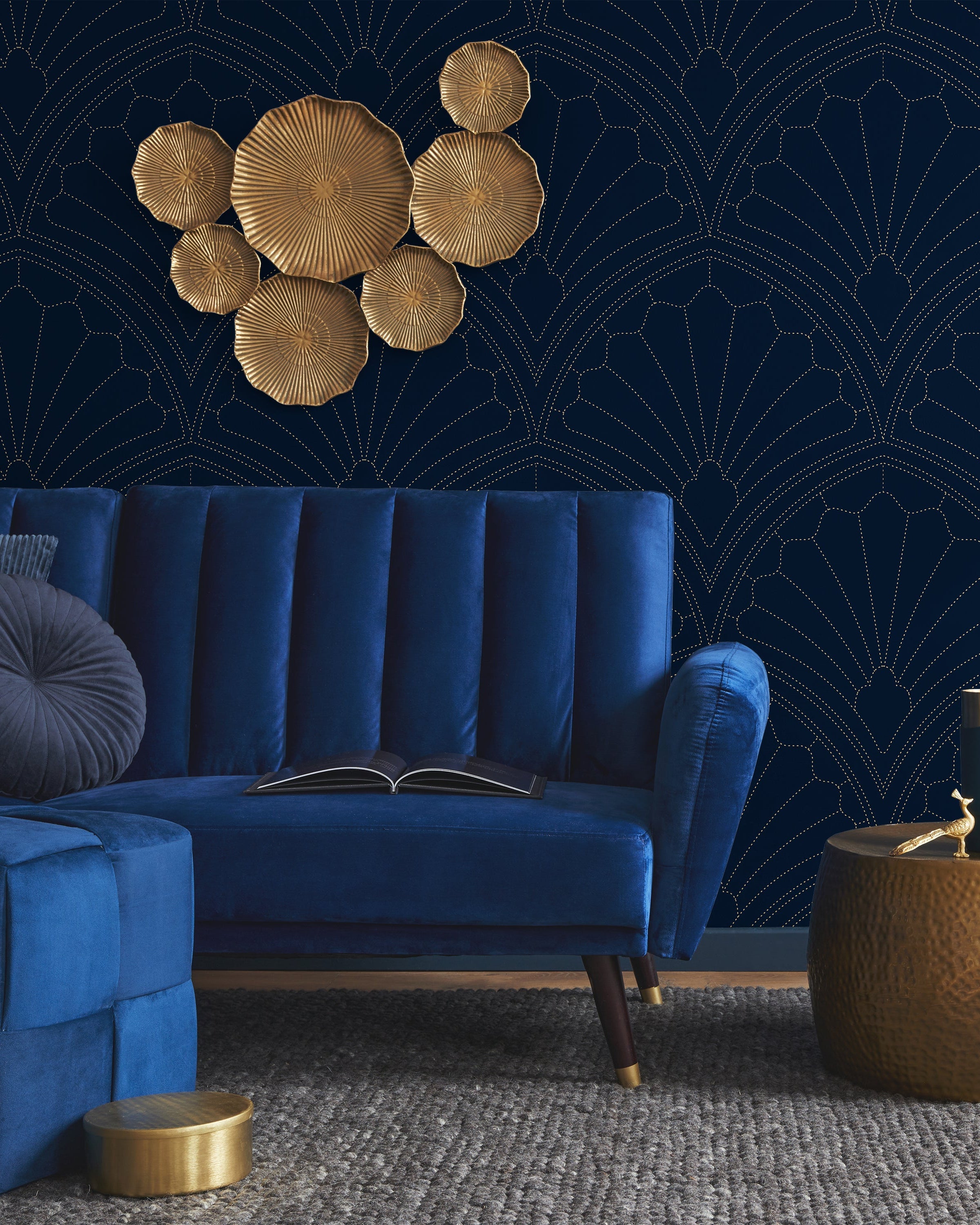 Monochrome Harmony Peel and Stick Wallpaper, Removable Wallpaper, Traditional Wallpaper - Navy | DeccoPrint