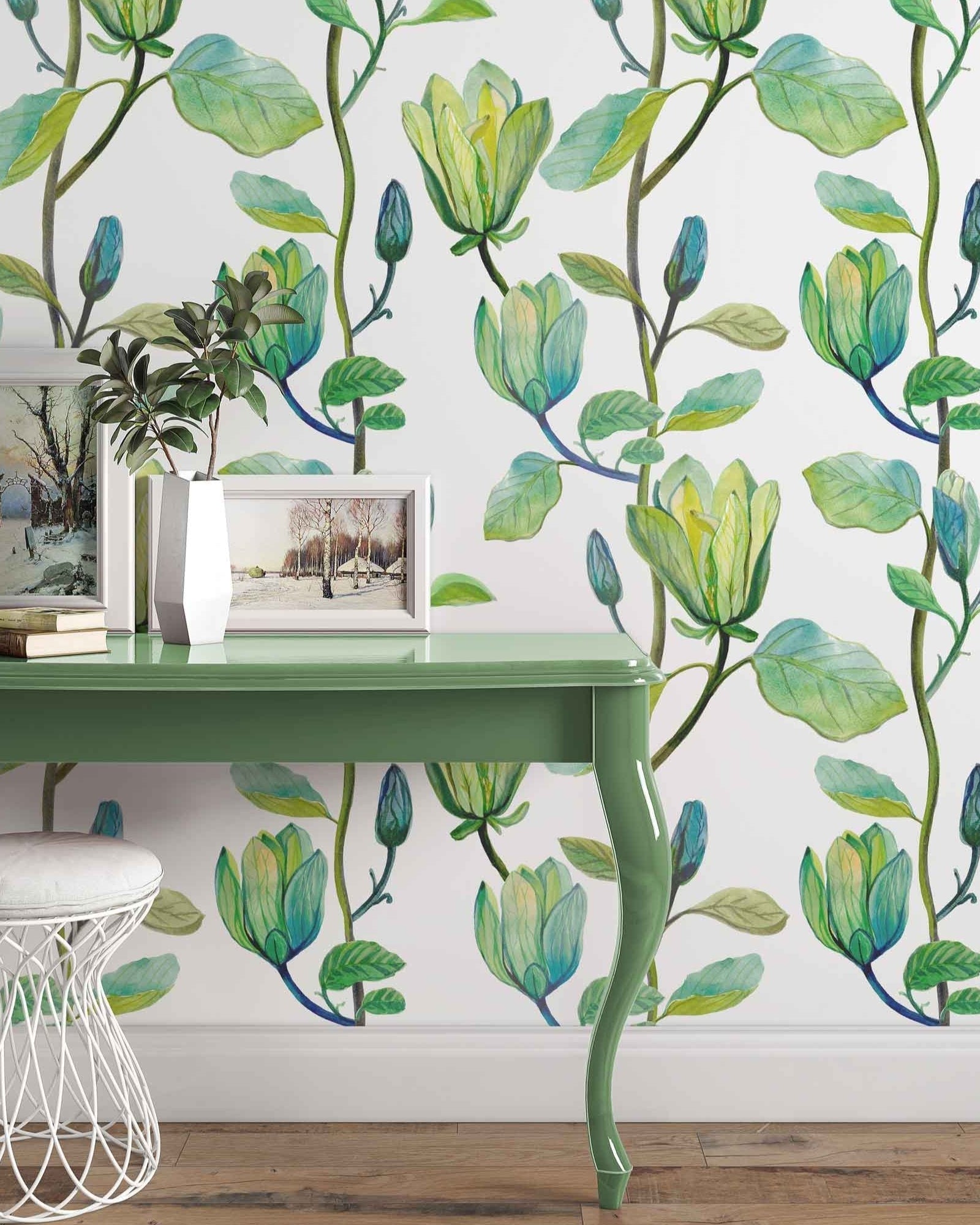 Green Magnolia Peel and Stick Wallpaper, Removable Wallpaper, Traditional Wallpaper | DeccoPrint