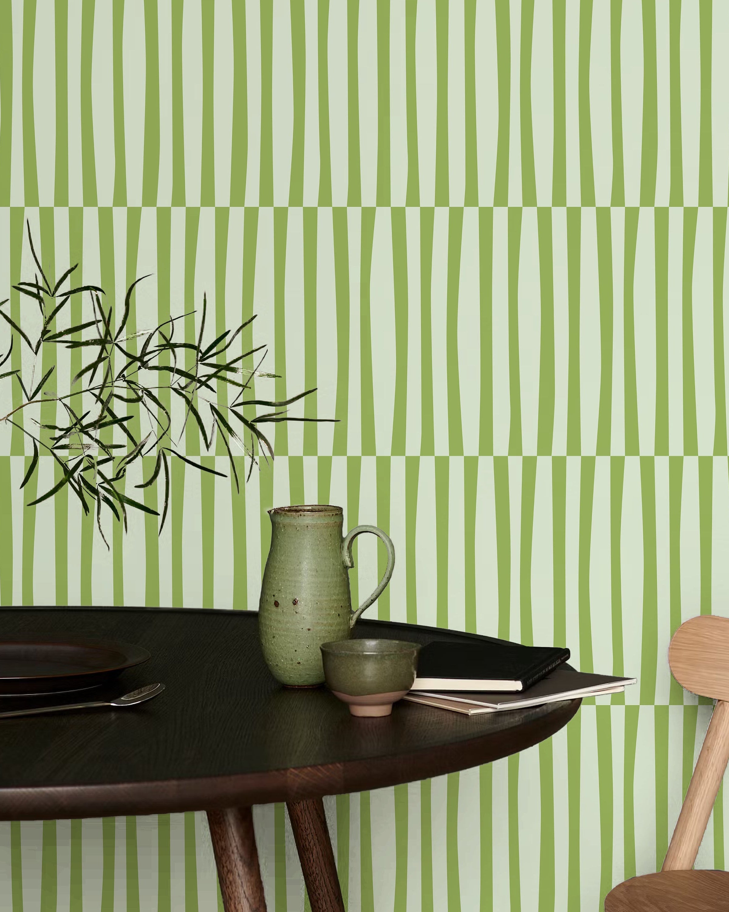 Retro Lines Peel and Stick Wallpaper, Removable Wallpaper, Traditional Wallpaper - Green | DeccoPrint