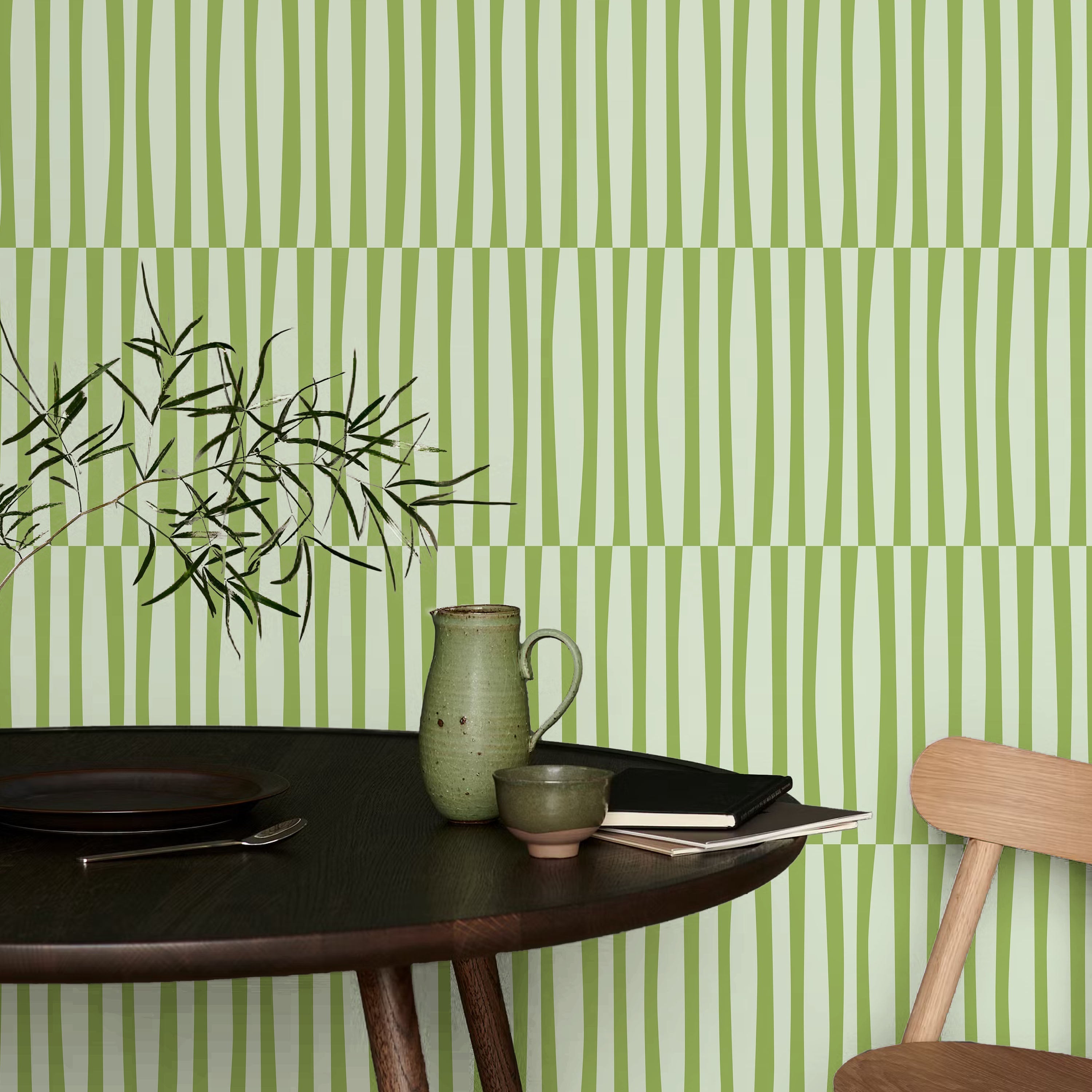 Retro Lines Peel and Stick Wallpaper, Removable Wallpaper, Traditional Wallpaper - Green | DeccoPrint