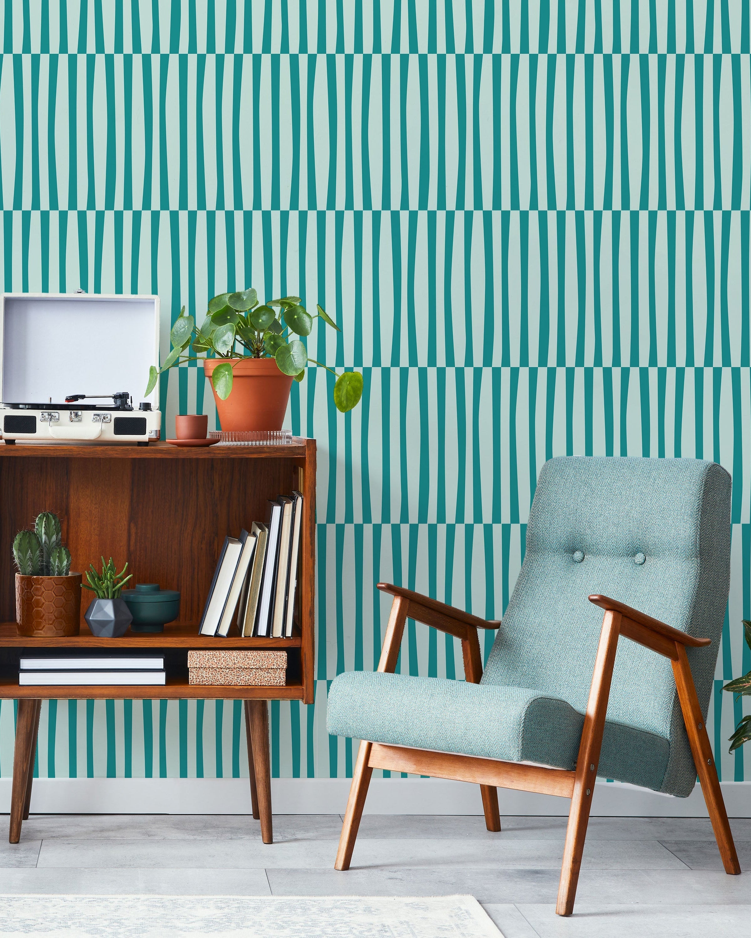 Retro Lines Peel and Stick Wallpaper, Removable Wallpaper, Traditional Wallpaper - Teal | DeccoPrint