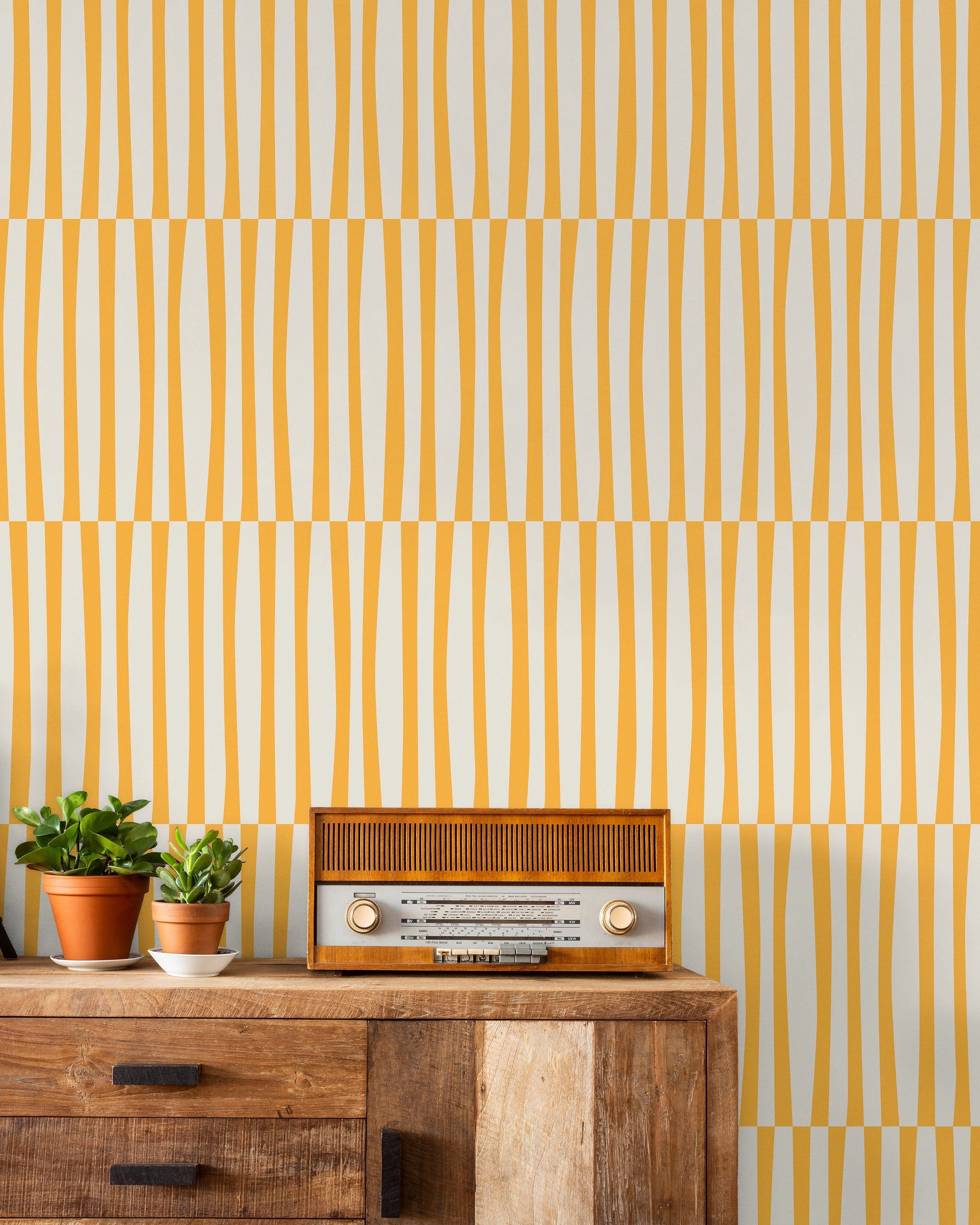 Retro Lines Peel and Stick Wallpaper, Removable Wallpaper, Traditional Wallpaper - Yellow | DeccoPrint