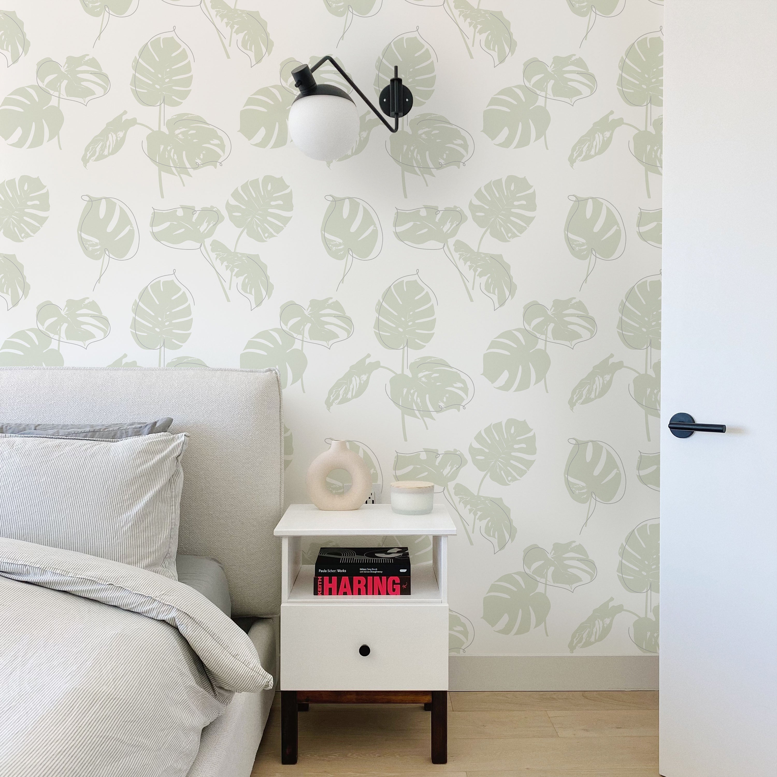 Monstera Leaves Peel and Stick Wallpaper, Removable Wallpaper, Traditional Wallpaper - Sage Green | DeccoPrint