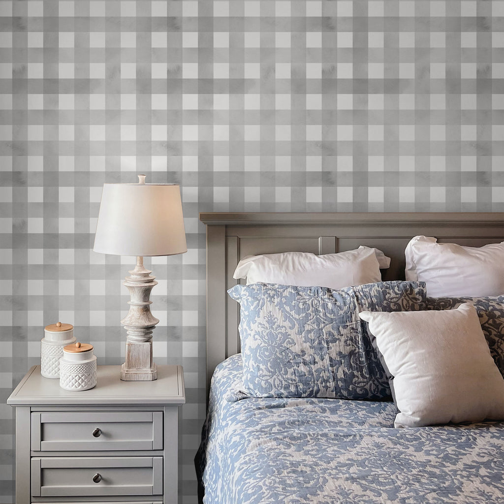 Watercolored Grid Peel and Stick Wallpaper, Removable Wallpaper, Traditional Wallpaper - Smoke Gray | DeccoPrint