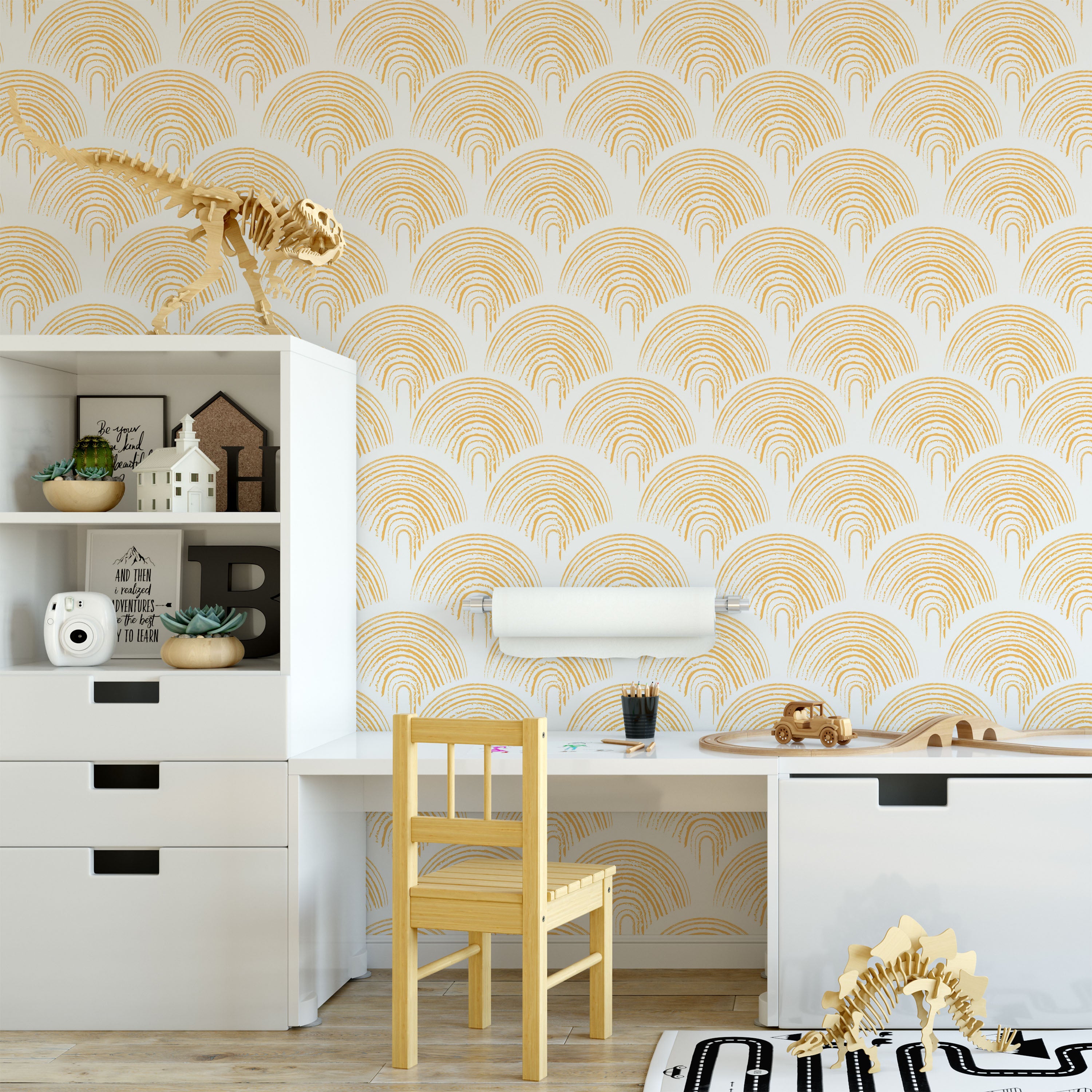 Playroom Peel and Stick Wallpaper, Removable Wallpaper, Traditional Wallpaper - Mustard Yellow | DeccoPrint
