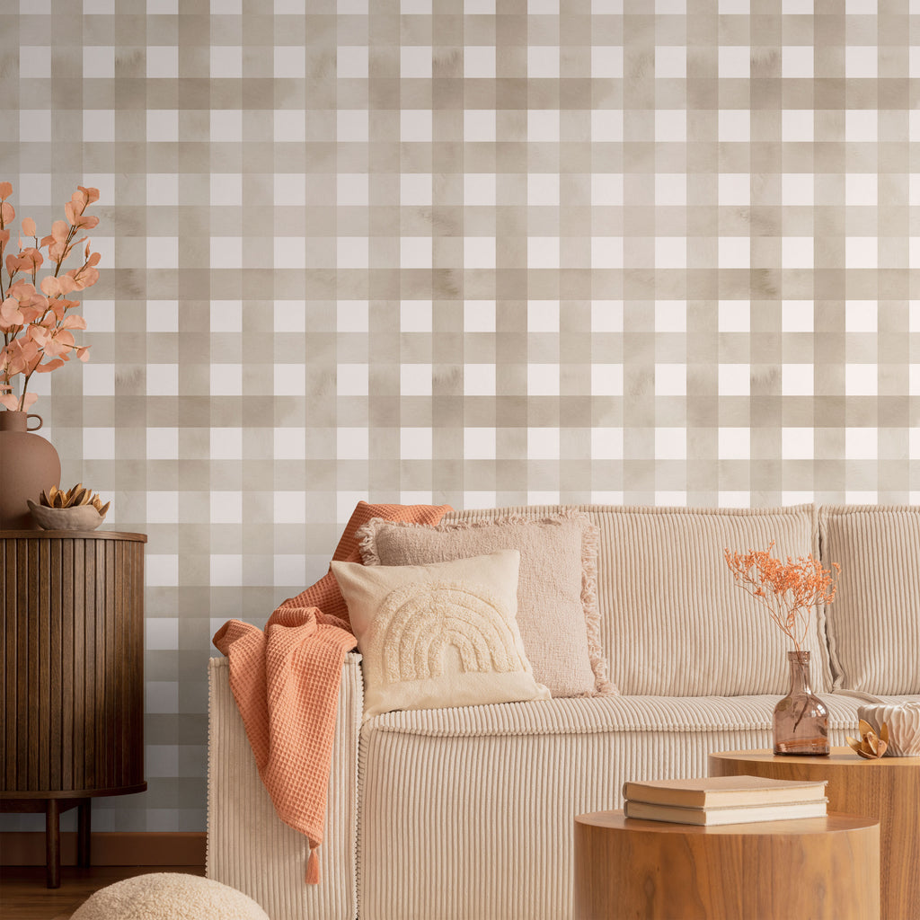 Watercolored Grid Peel and Stick Wallpaper, Removable Wallpaper, Traditional Wallpaper - Sand Beige | DeccoPrint