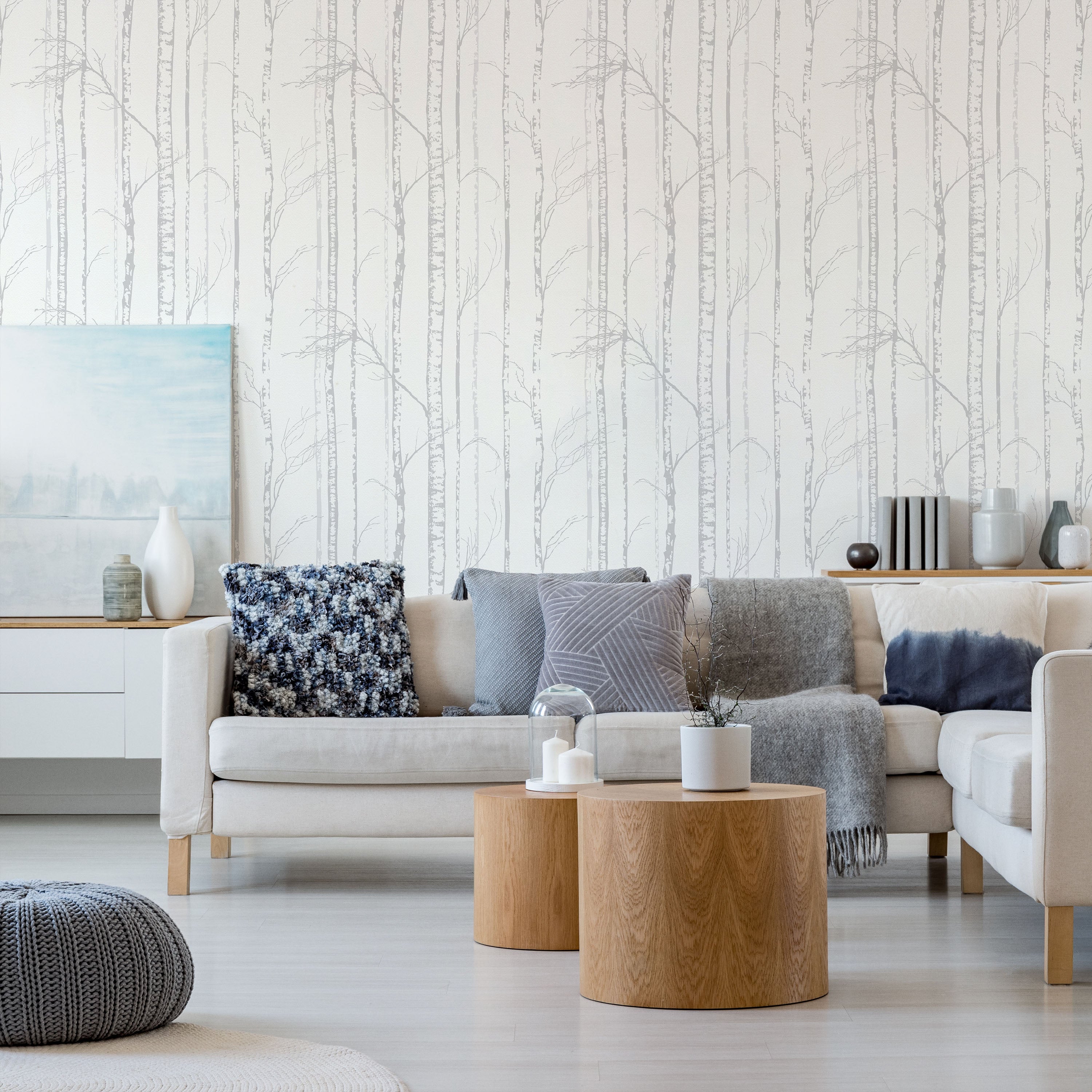 Birch Forest Peel and Stick Wallpaper, Removable Wallpaper, Traditional Wallpaper - Light Gray | DeccoPrint
