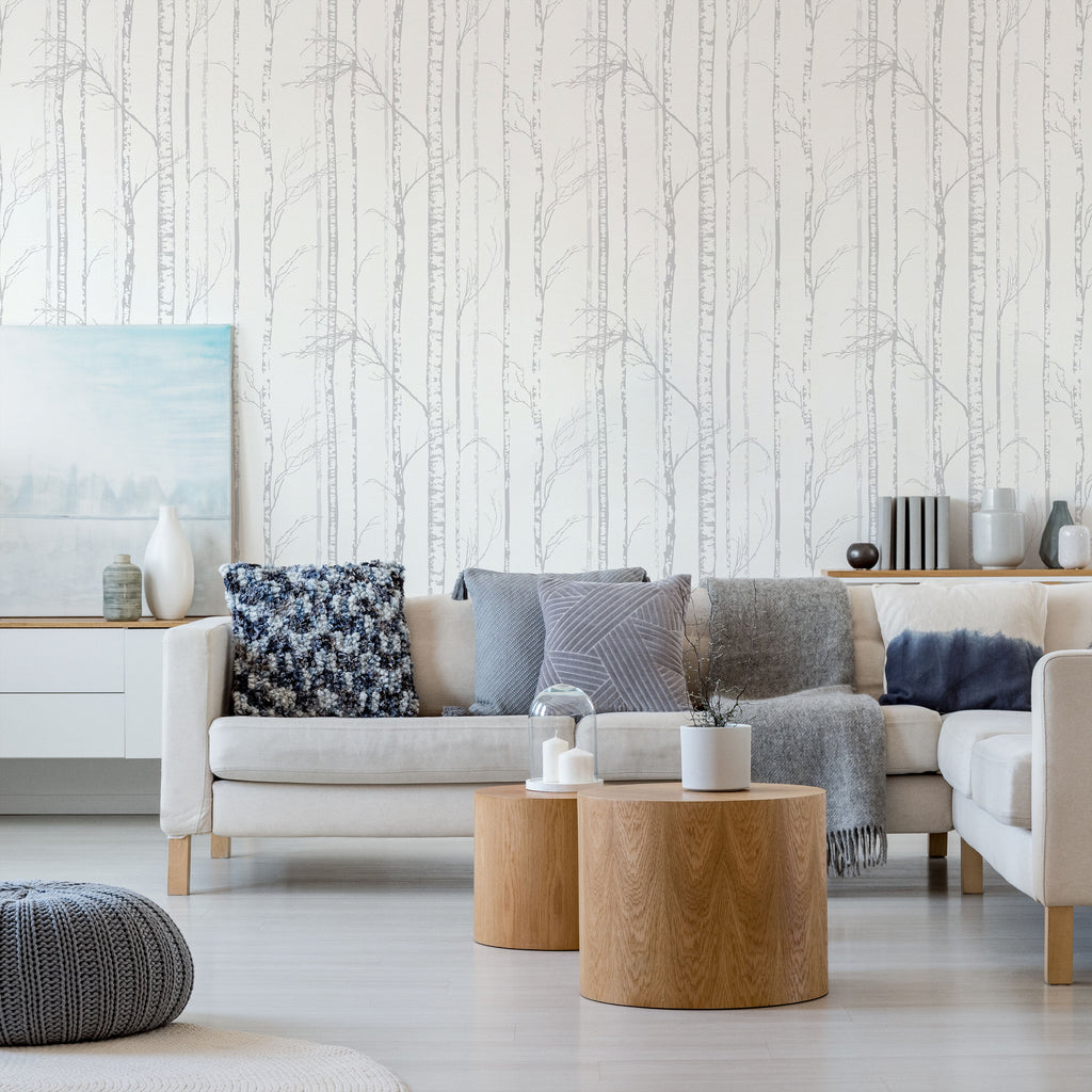 Birch Forest Peel and Stick Wallpaper, Removable Wallpaper, Traditional Wallpaper - Light Gray | DeccoPrint