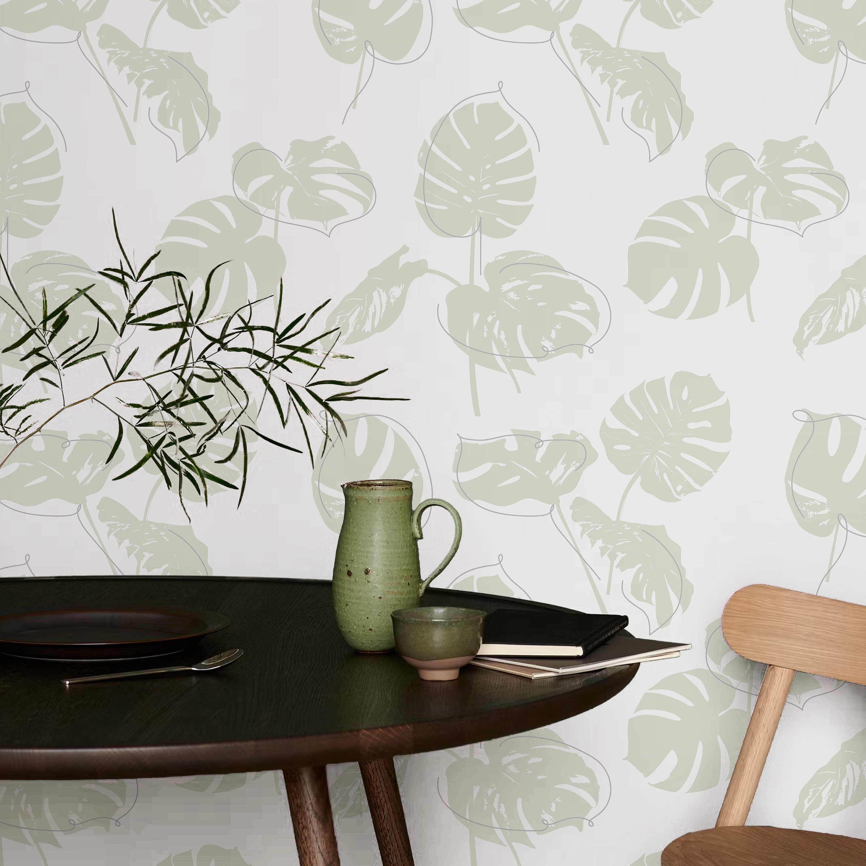 Monstera Leaves Peel and Stick Wallpaper, Removable Wallpaper, Traditional Wallpaper - Sage Green | DeccoPrint