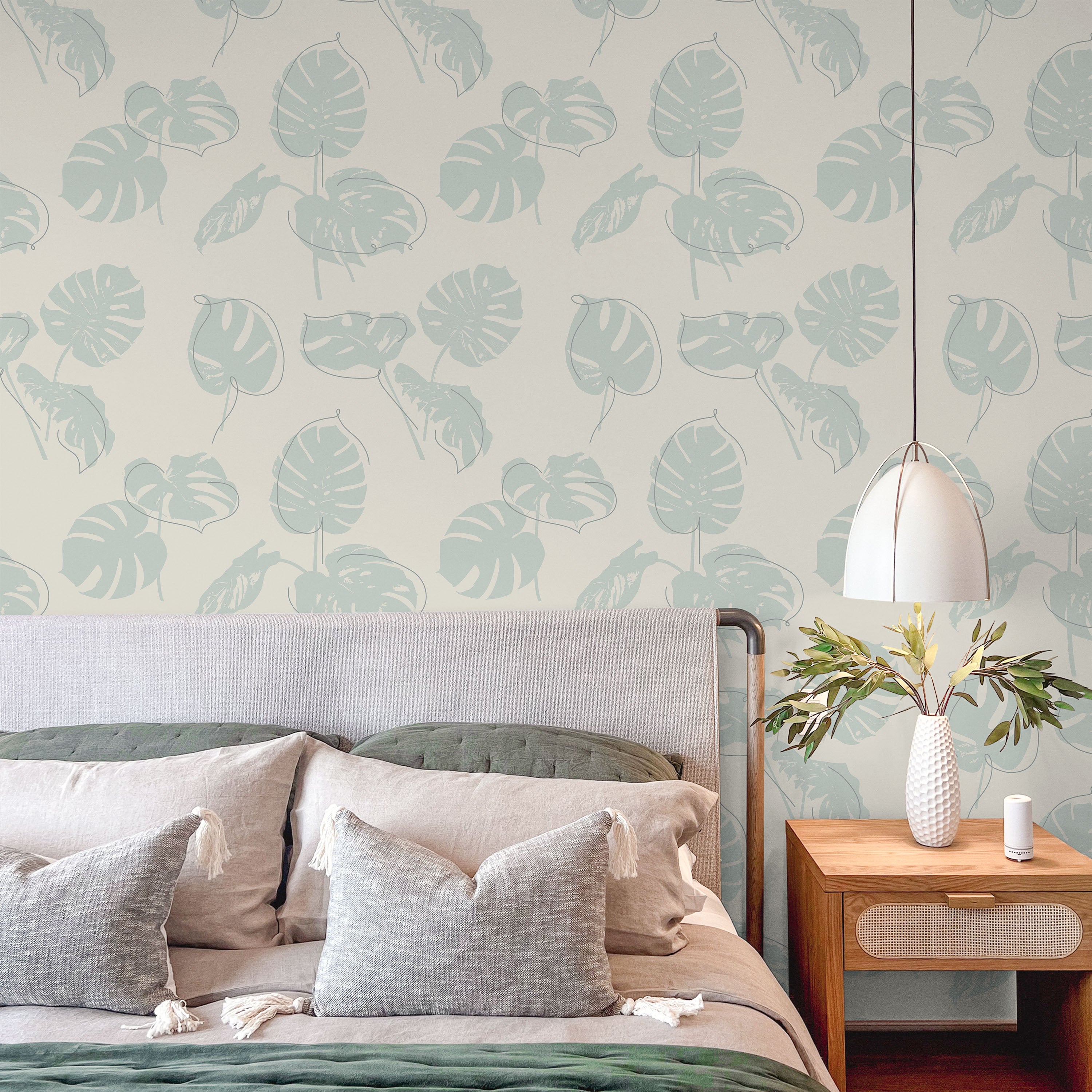 Monstera Leaves Peel and Stick Wallpaper, Removable Wallpaper, Traditional Wallpaper - Mint Green | DeccoPrint