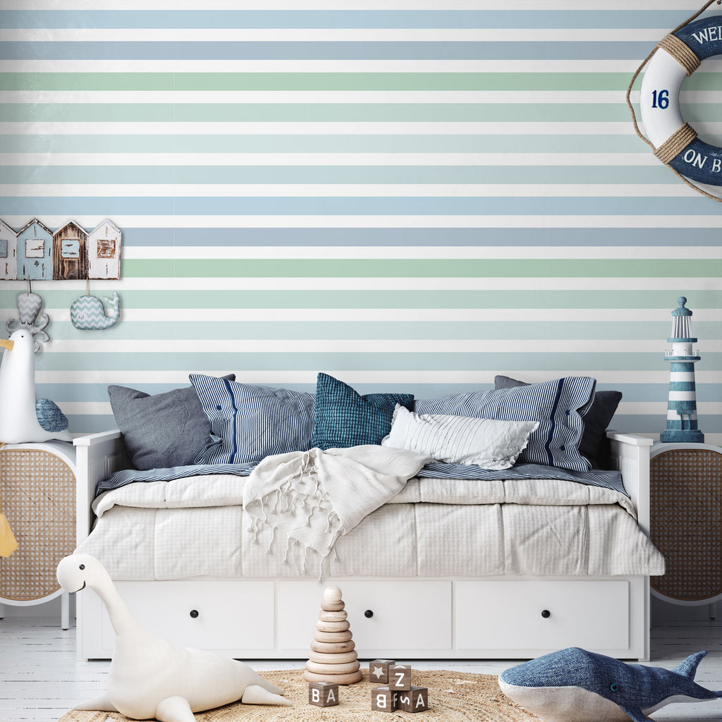 Colored Stripes Peel and Stick Wallpaper, Removable Wallpaper, Traditional Wallpaper - Ocean Tones | DeccoPrint