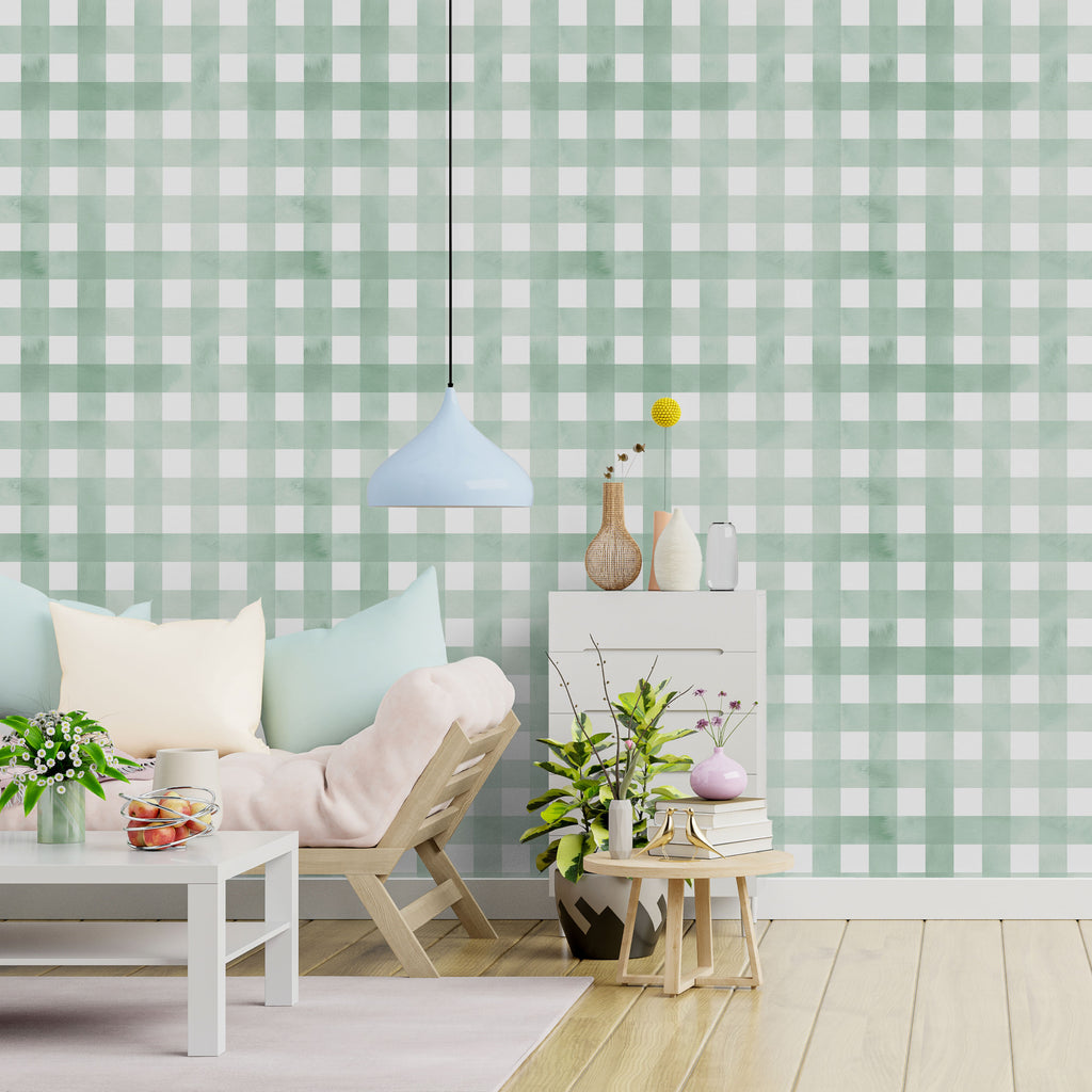 Watercolored Grid Peel and Stick Wallpaper, Removable Wallpaper, Traditional Wallpaper - Mint Green | DeccoPrint