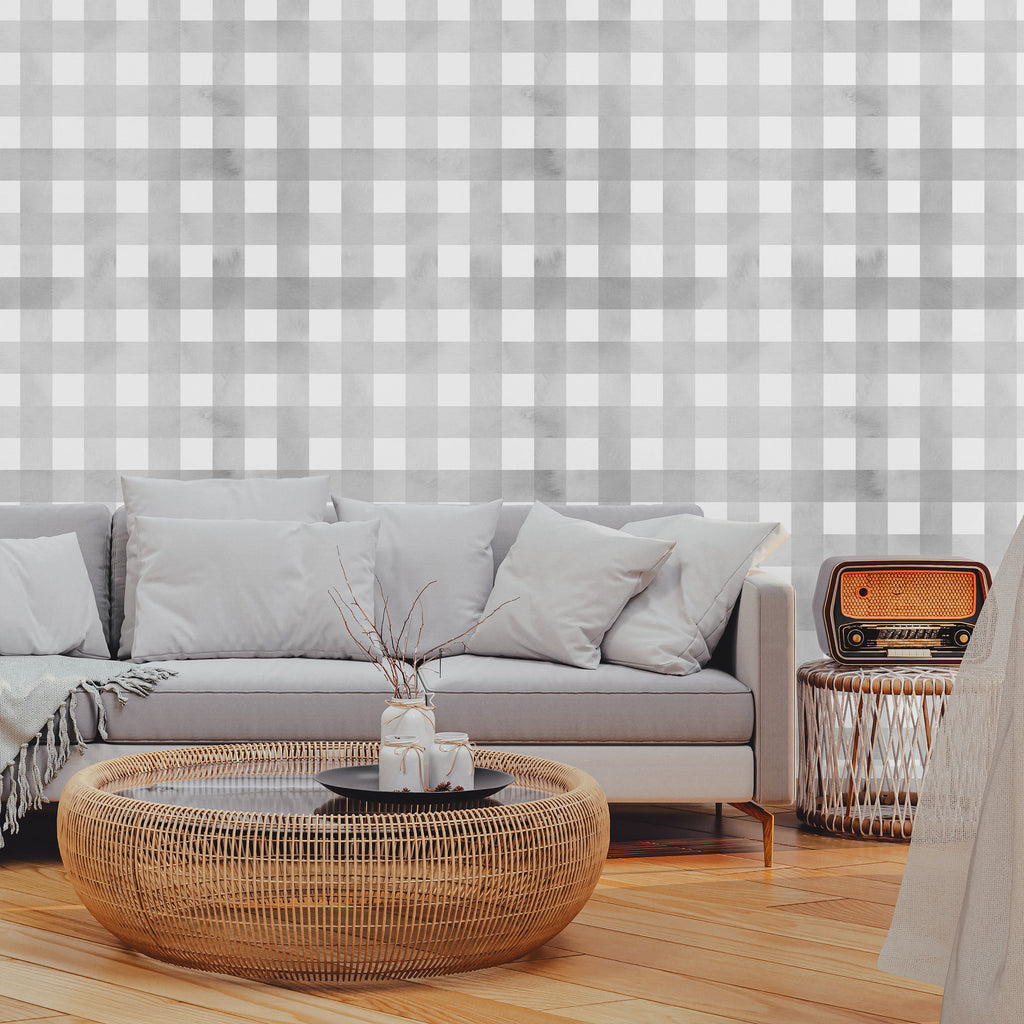 Watercolored Grid Peel and Stick Wallpaper, Removable Wallpaper, Traditional Wallpaper - Smoke Gray | DeccoPrint