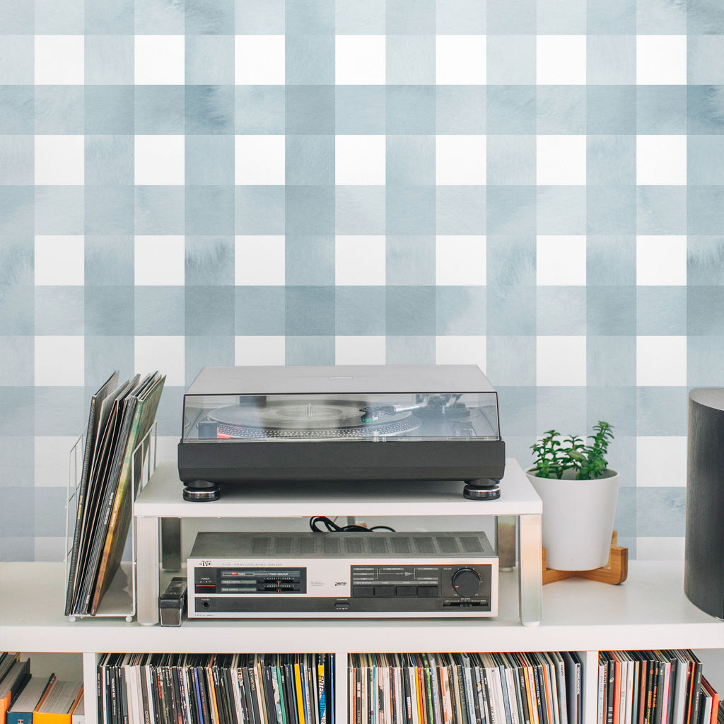 Watercolored Grid Peel and Stick Wallpaper, Removable Wallpaper, Traditional Wallpaper - Sky Blue | DeccoPrint