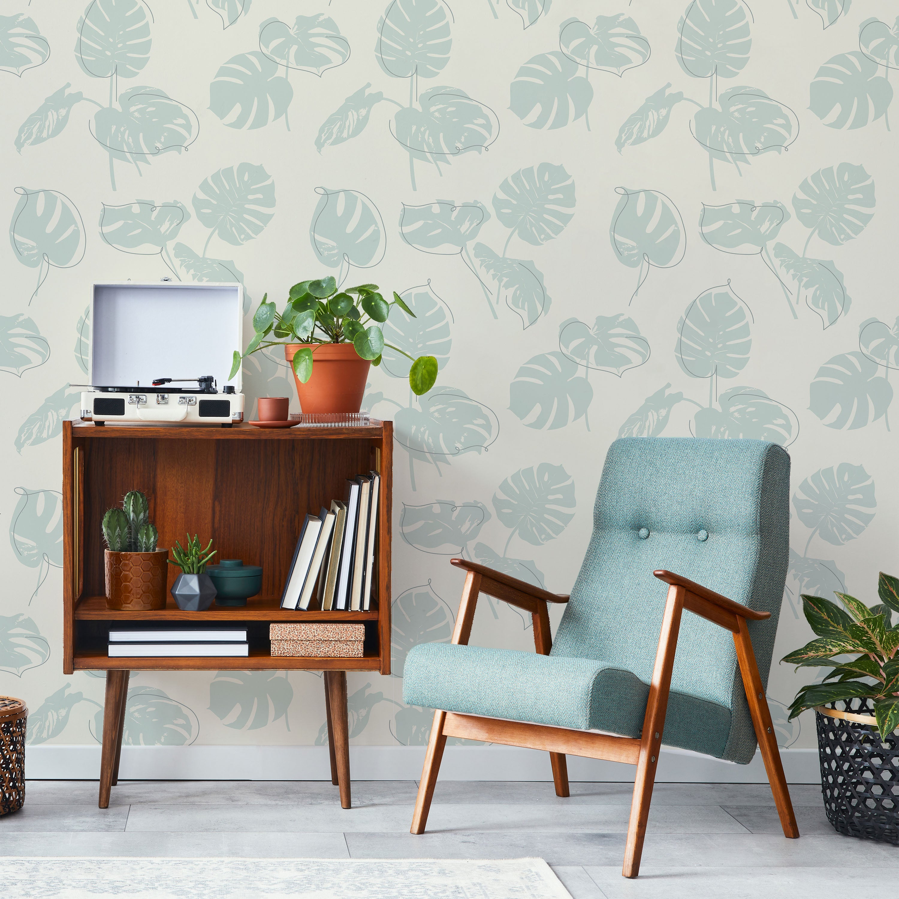 Monstera Leaves Peel and Stick Wallpaper, Removable Wallpaper, Traditional Wallpaper - Mint Green | DeccoPrint