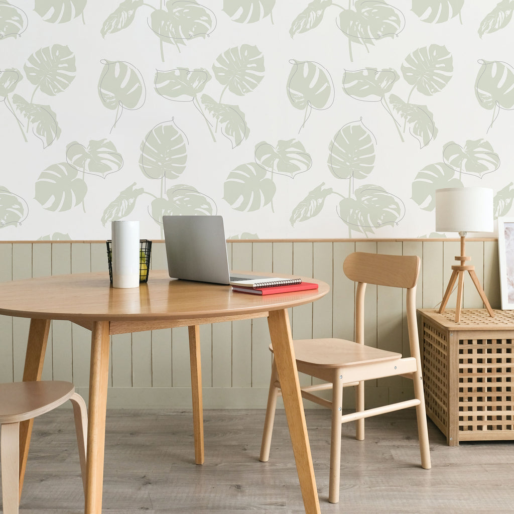 Monstera Leaves Peel and Stick Wallpaper, Removable Wallpaper, Traditional Wallpaper - Sage Green | DeccoPrint