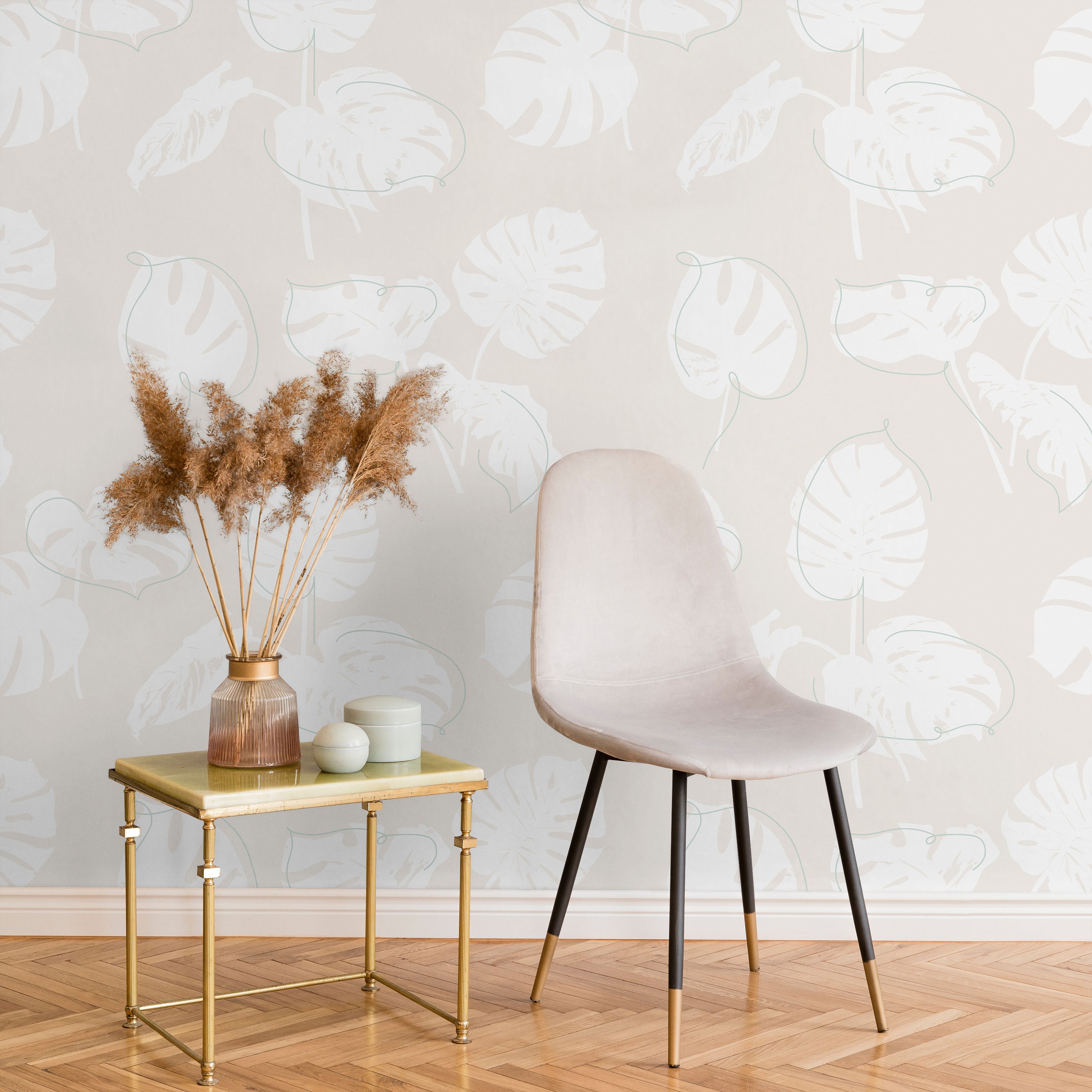 Monstera Leaves Peel and Stick Wallpaper, Removable Wallpaper, Traditional Wallpaper - Muted Beige | DeccoPrint