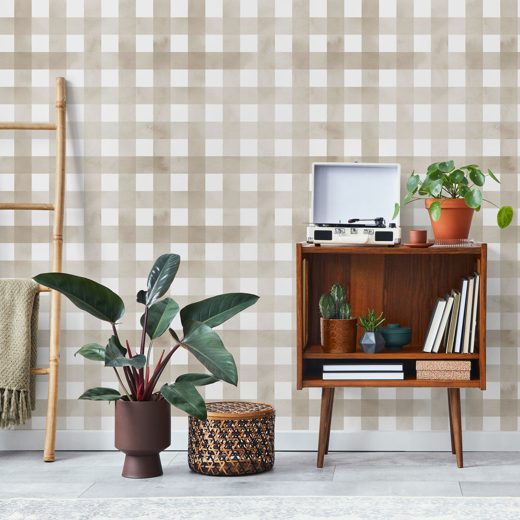 Watercolored Grid Peel and Stick Wallpaper, Removable Wallpaper, Traditional Wallpaper - Sand Beige | DeccoPrint