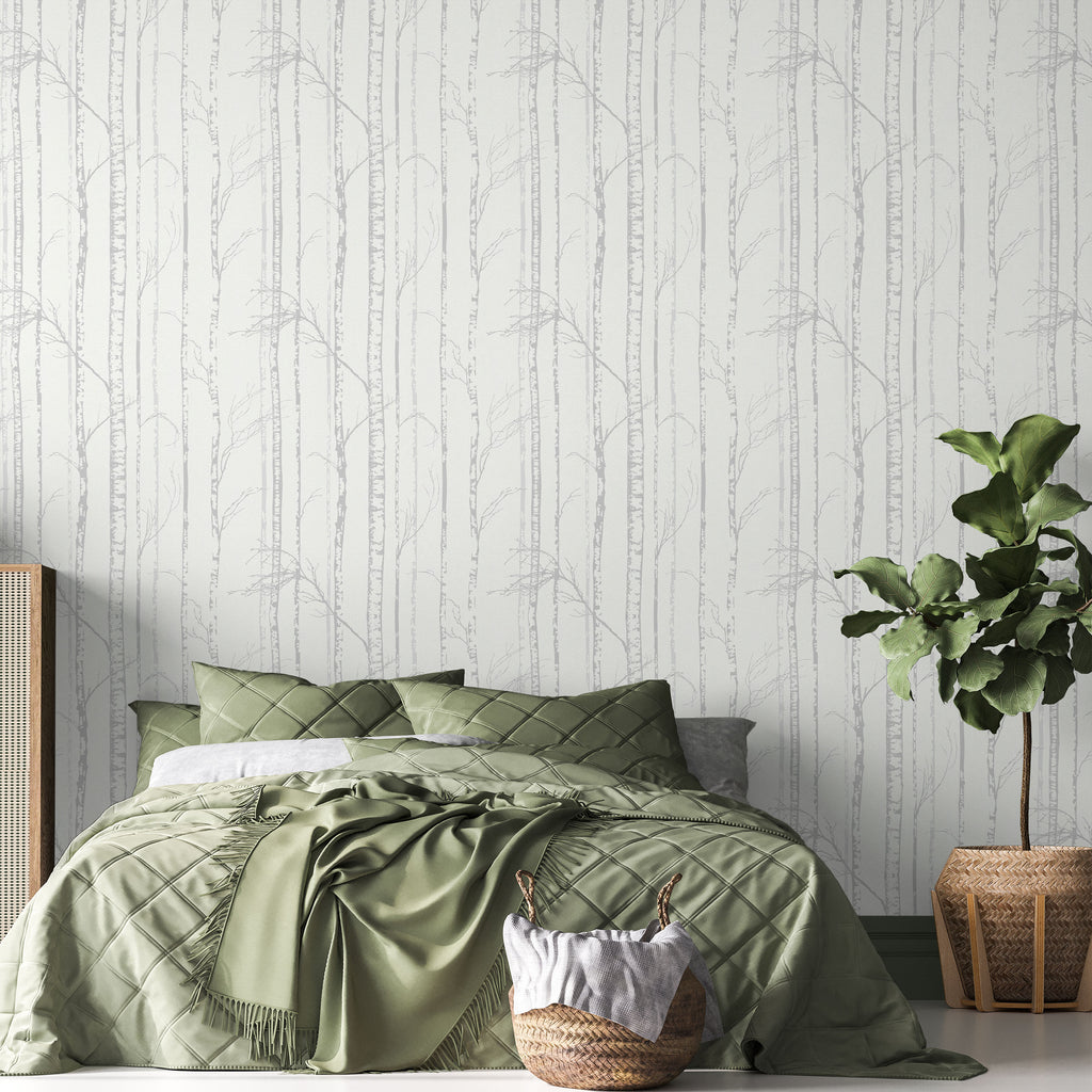 Birch Forest Peel and Stick Wallpaper, Removable Wallpaper, Traditional Wallpaper - Light Gray | DeccoPrint