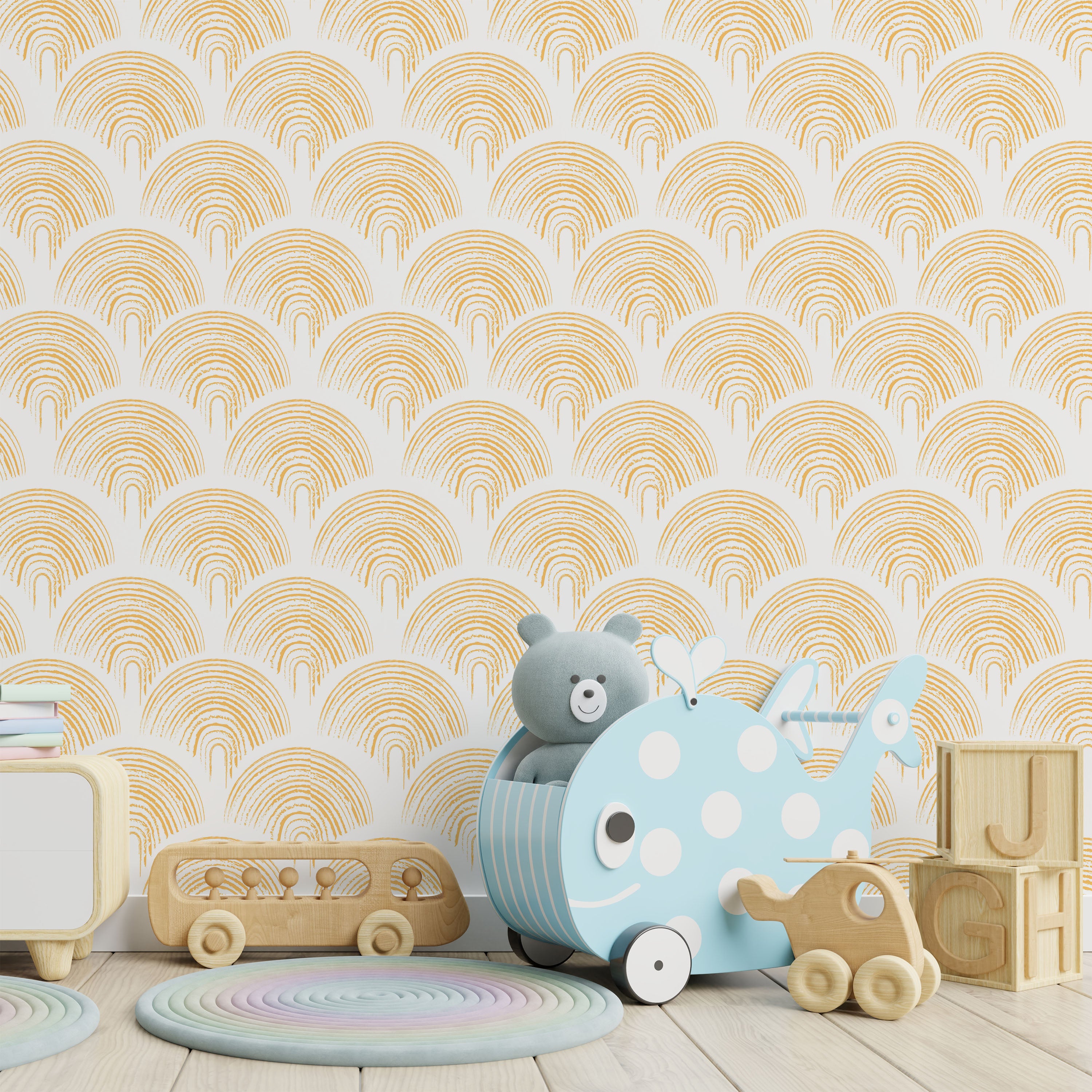 Playroom Peel and Stick Wallpaper, Removable Wallpaper, Traditional Wallpaper - Mustard Yellow | DeccoPrint