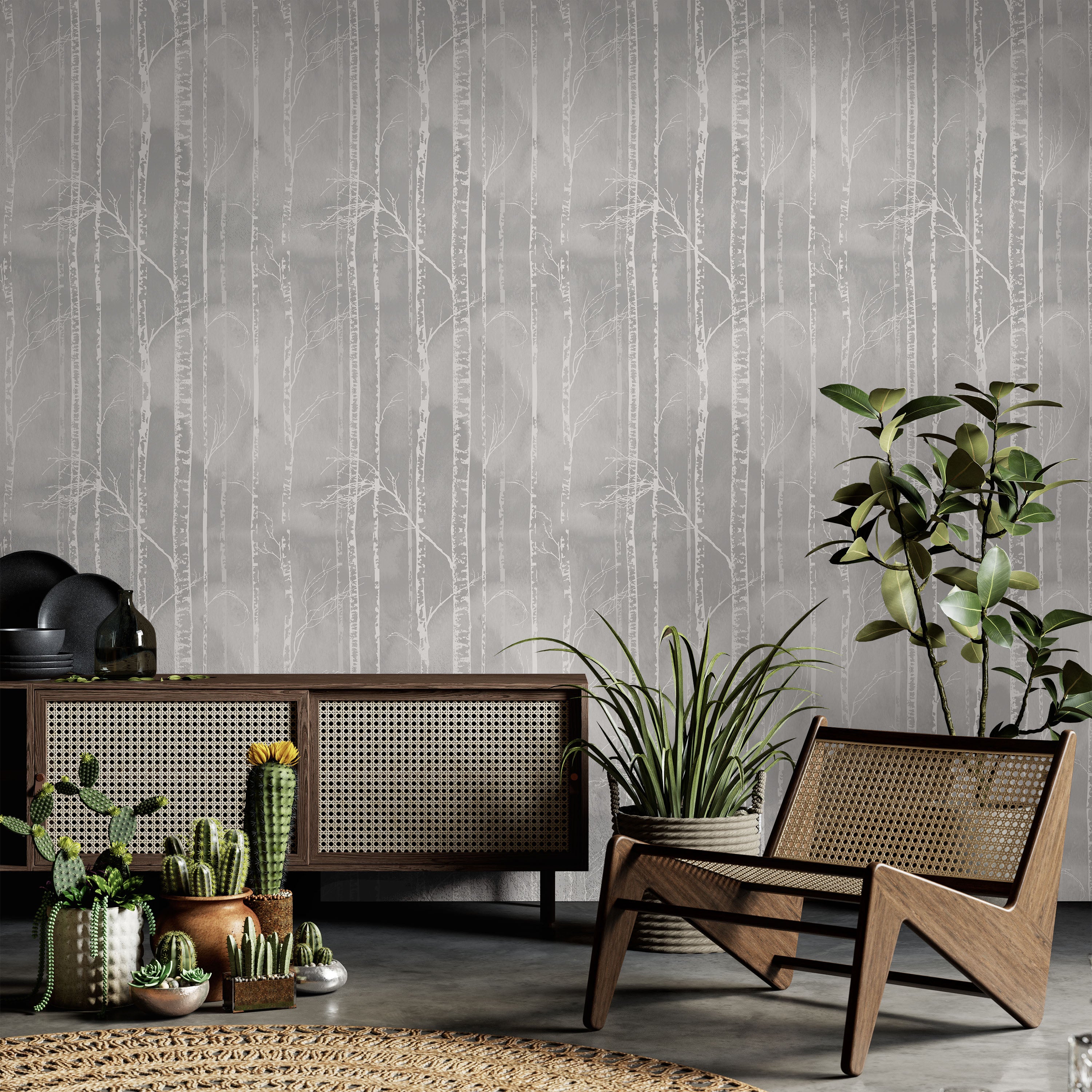 Birch Forest Peel and Stick Wallpaper, Removable Wallpaper, Traditional Wallpaper - Smoke Gray | DeccoPrint
