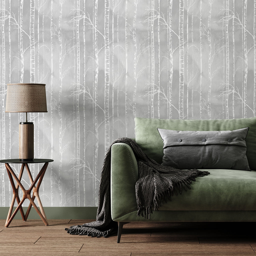Birch Forest Peel and Stick Wallpaper, Removable Wallpaper, Traditional Wallpaper - Smoke Gray | DeccoPrint