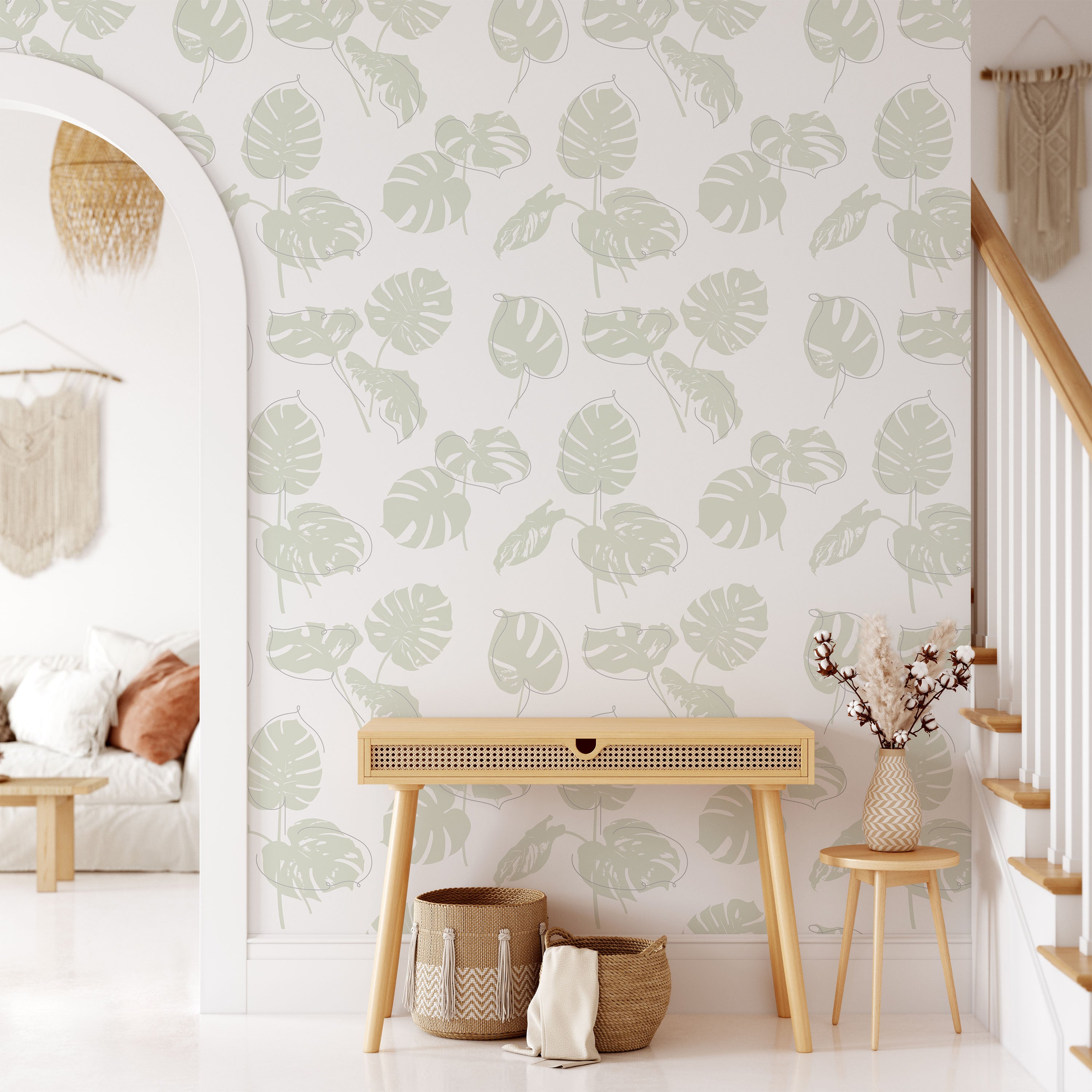 Monstera Leaves Peel and Stick Wallpaper, Removable Wallpaper, Traditional Wallpaper - Sage Green | DeccoPrint