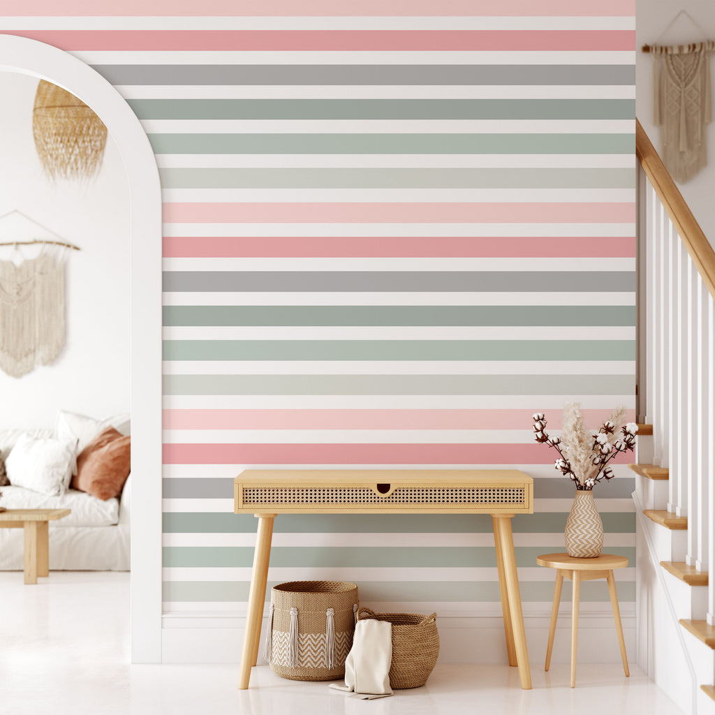 Colored Stripes Peel and Stick Wallpaper, Removable Wallpaper, Traditional Wallpaper - Neutral Rose | DeccoPrint