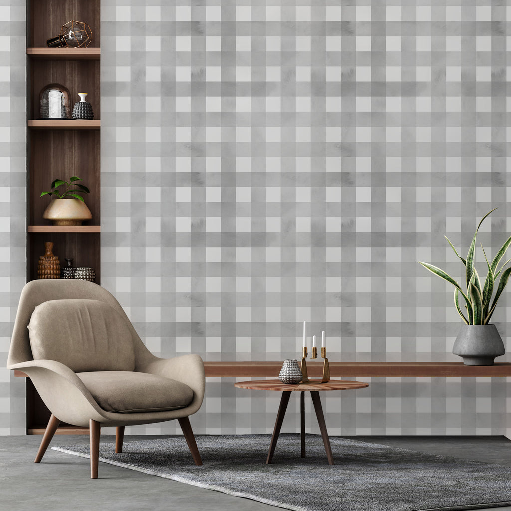 Watercolored Grid Peel and Stick Wallpaper, Removable Wallpaper, Traditional Wallpaper - Smoke Gray | DeccoPrint