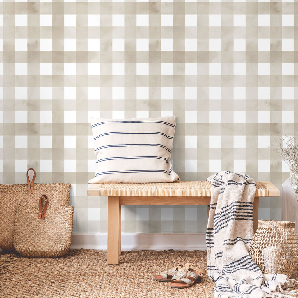 Watercolored Grid Peel and Stick Wallpaper, Removable Wallpaper, Traditional Wallpaper - Sand Beige | DeccoPrint