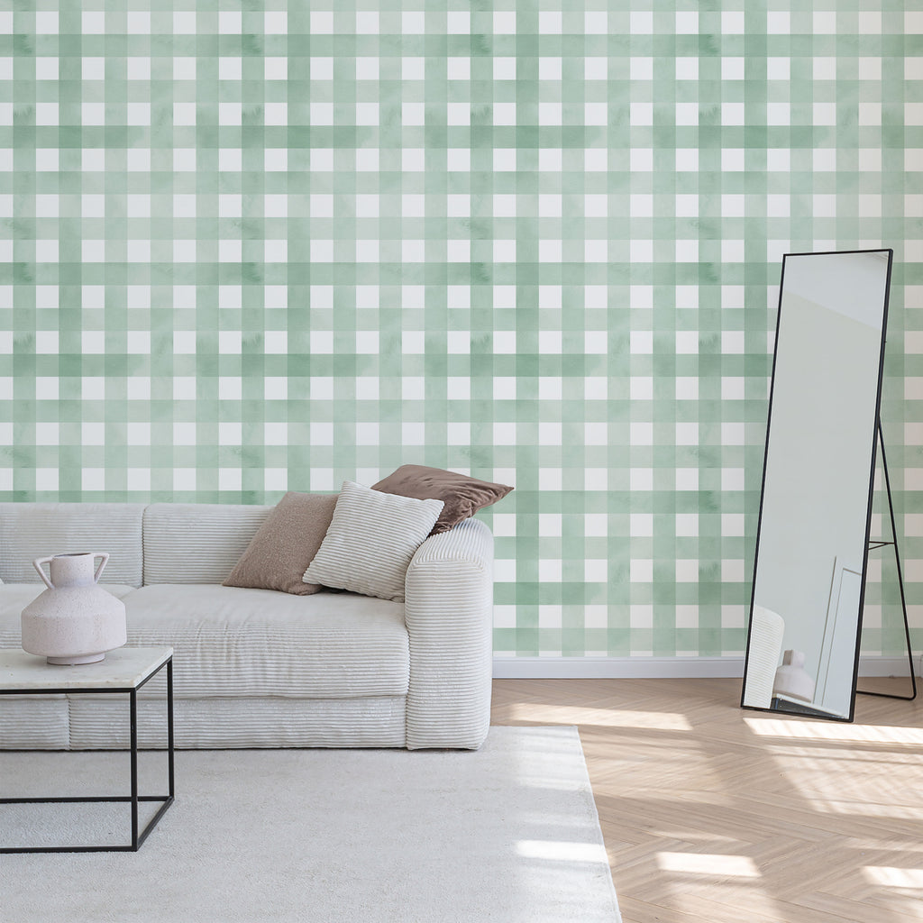 Watercolored Grid Peel and Stick Wallpaper, Removable Wallpaper, Traditional Wallpaper - Mint Green | DeccoPrint