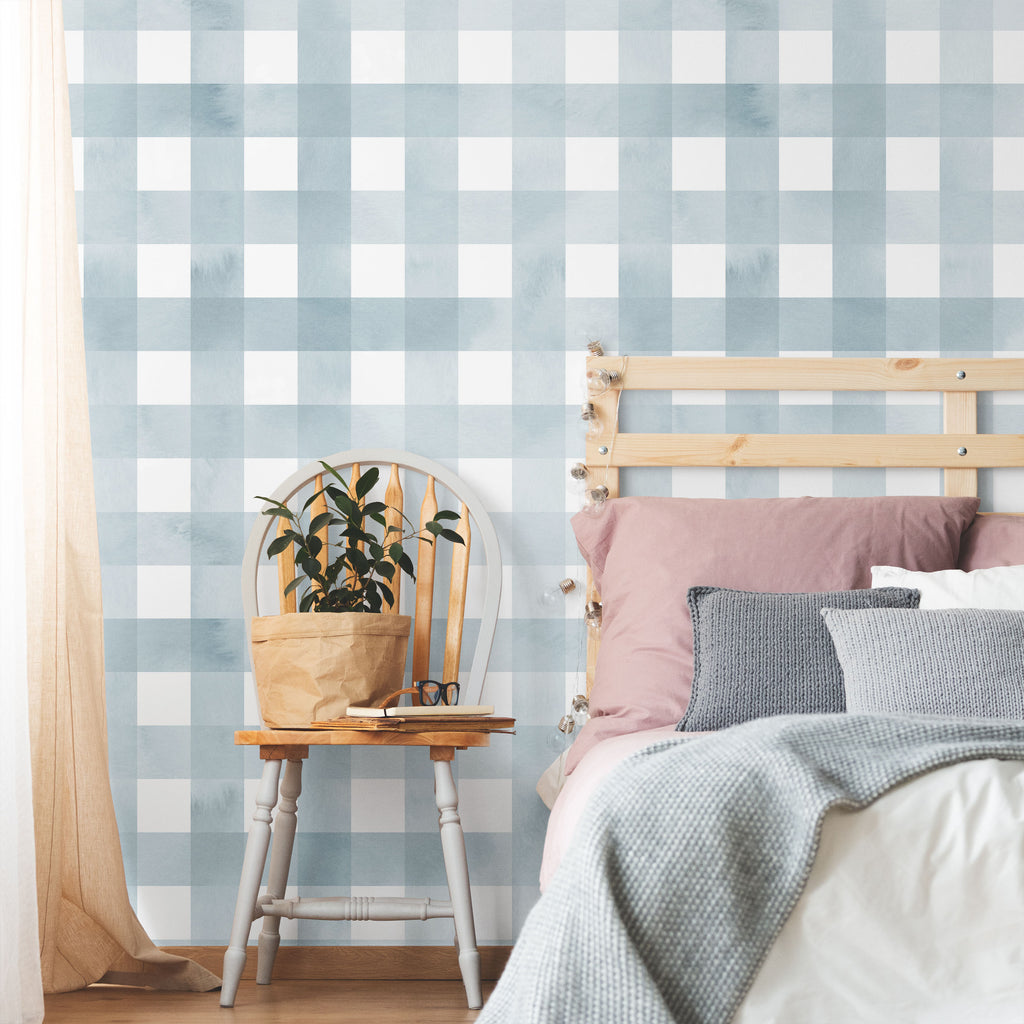 Watercolored Grid Peel and Stick Wallpaper, Removable Wallpaper, Traditional Wallpaper - Sky Blue | DeccoPrint