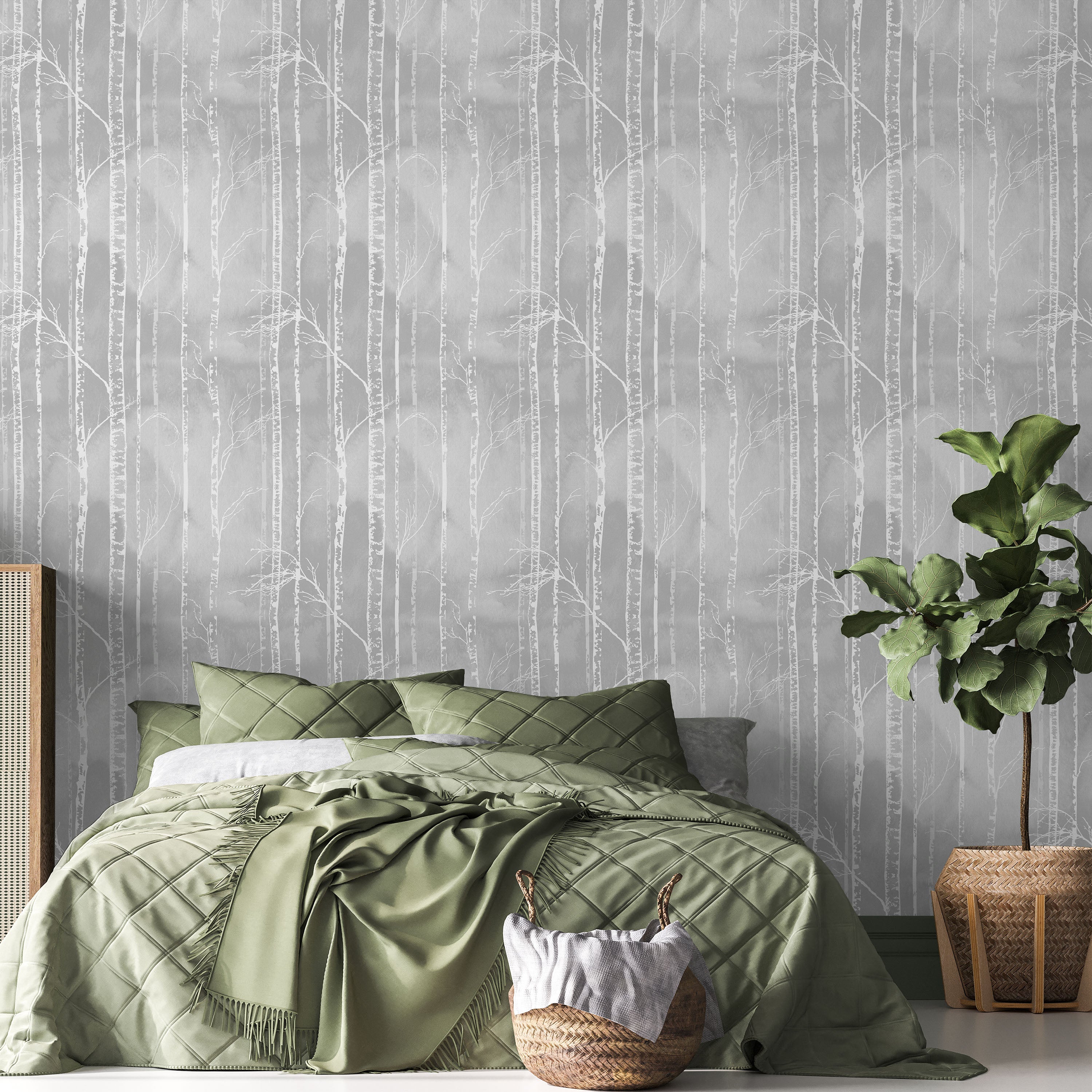 Birch Forest Peel and Stick Wallpaper, Removable Wallpaper, Traditional Wallpaper - Smoke Gray | DeccoPrint