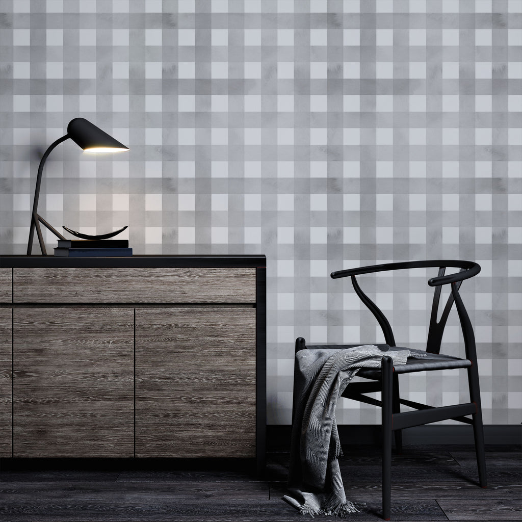 Watercolored Grid Peel and Stick Wallpaper, Removable Wallpaper, Traditional Wallpaper - Smoke Gray | DeccoPrint