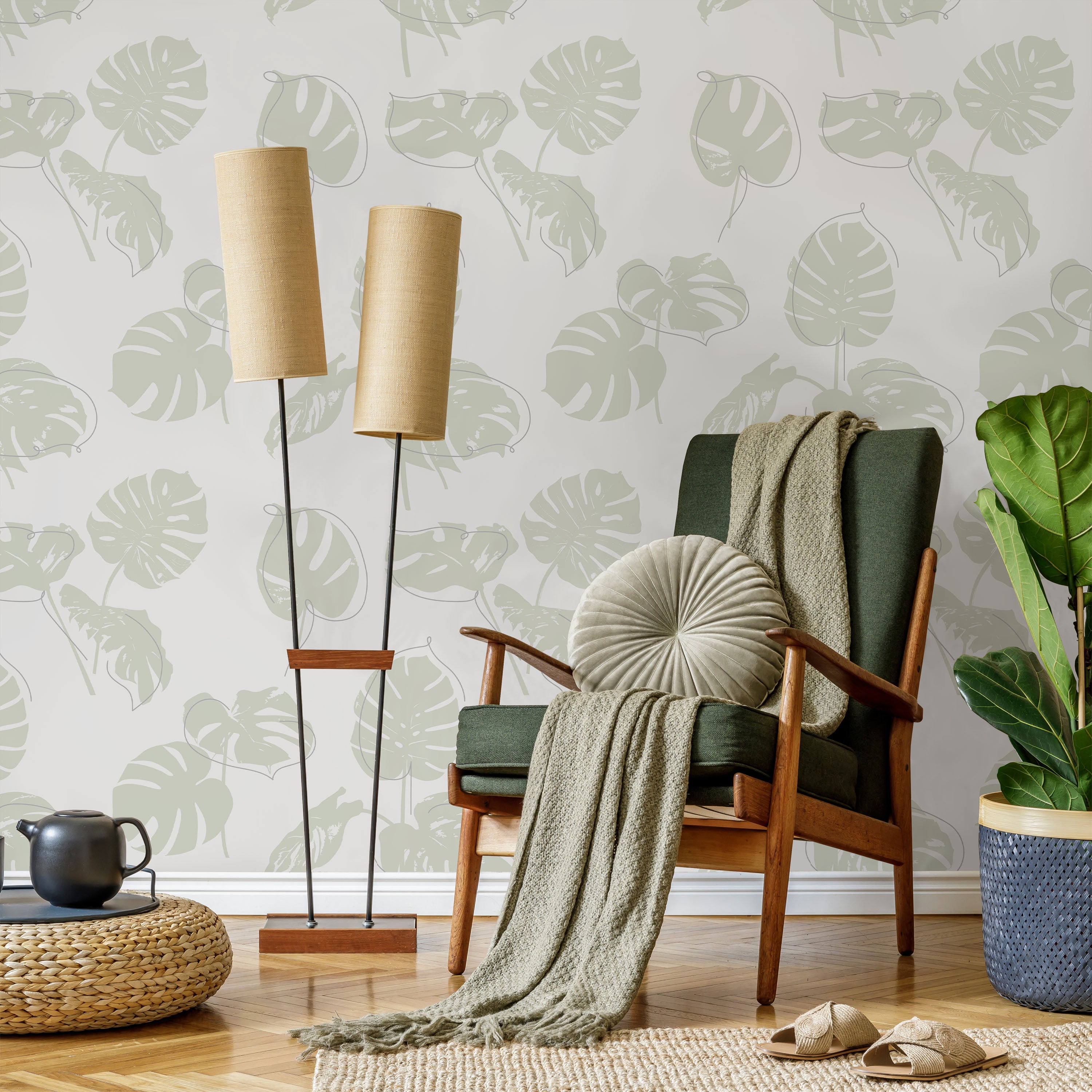 Monstera Leaves Peel and Stick Wallpaper, Removable Wallpaper, Traditional Wallpaper - Sage Green | DeccoPrint