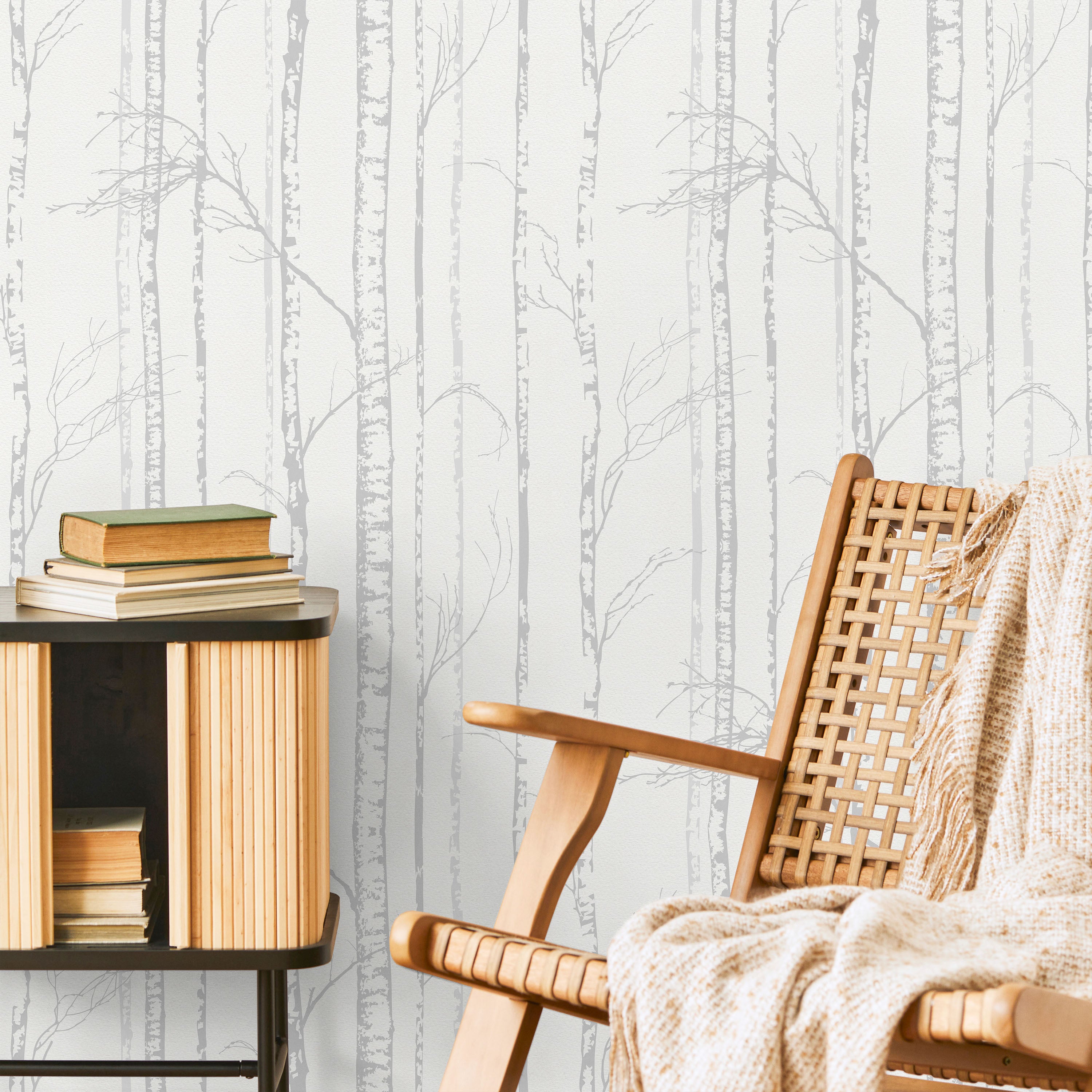 Birch Forest Peel and Stick Wallpaper, Removable Wallpaper, Traditional Wallpaper - Light Gray | DeccoPrint