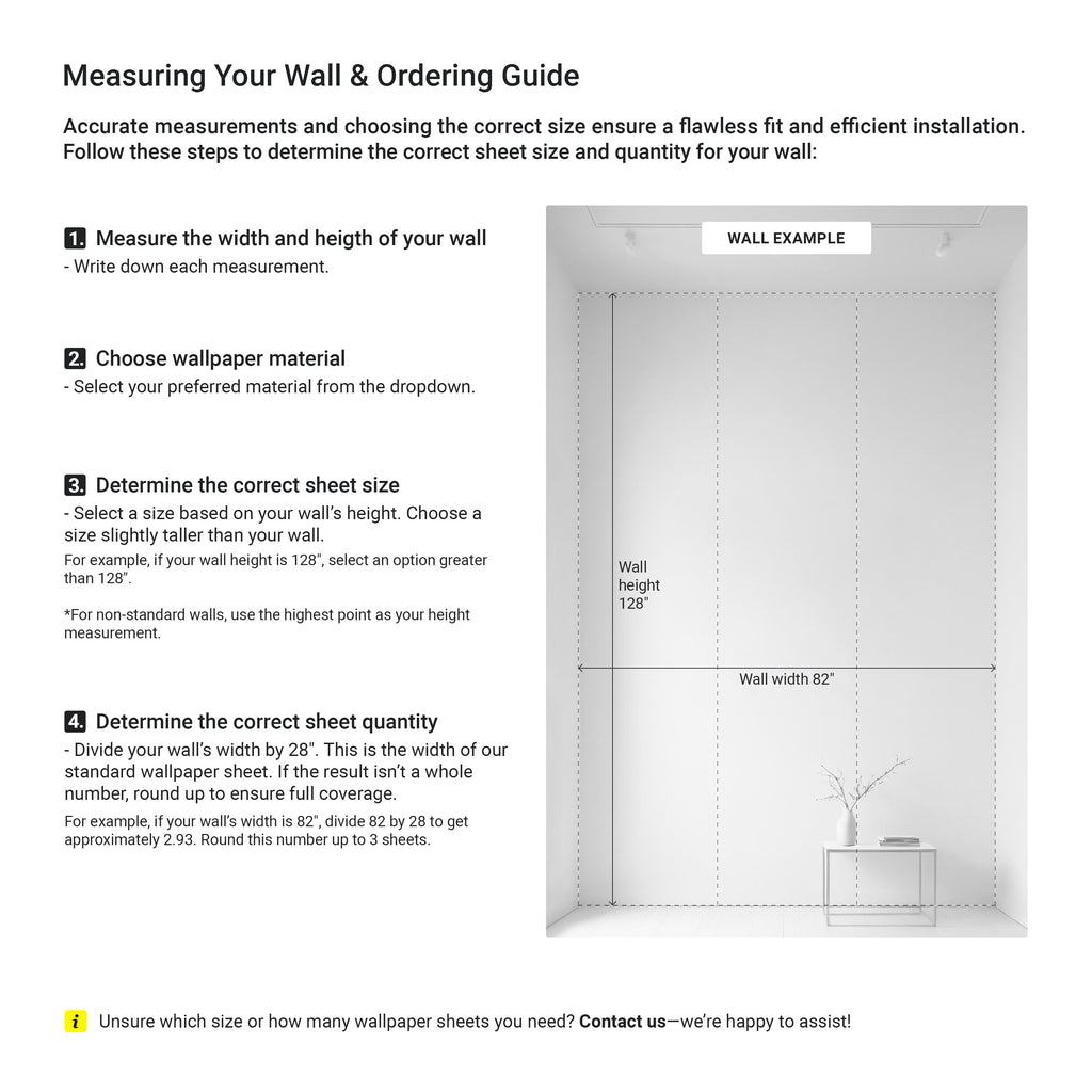 a white room with text describing the measurements and ordering guide