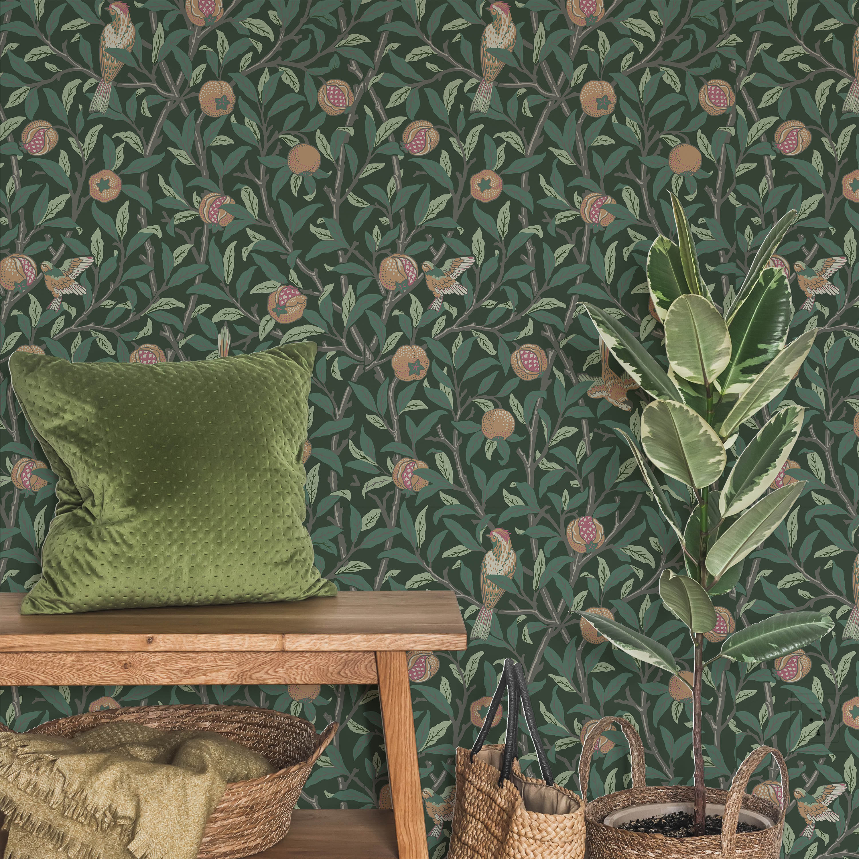 William Morris X Bird and Pomegranate Peel and Stick Wallpaper, Removable Wallpaper, Traditional Wallpaper - Green | DeccoPrint