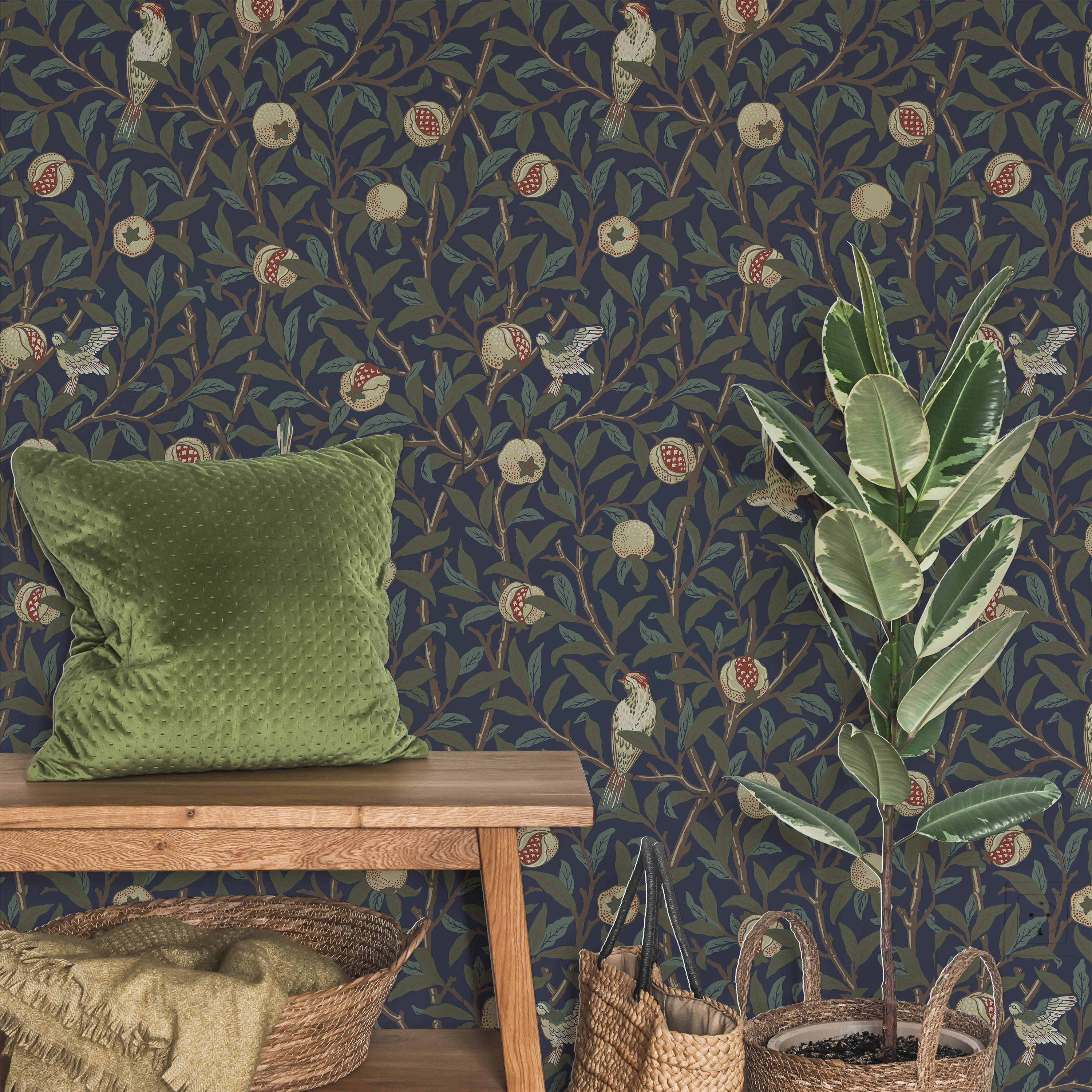 William Morris X Bird and Pomegranate Peel and Stick Wallpaper, Removable Wallpaper, Traditional Wallpaper - Blue | DeccoPrint