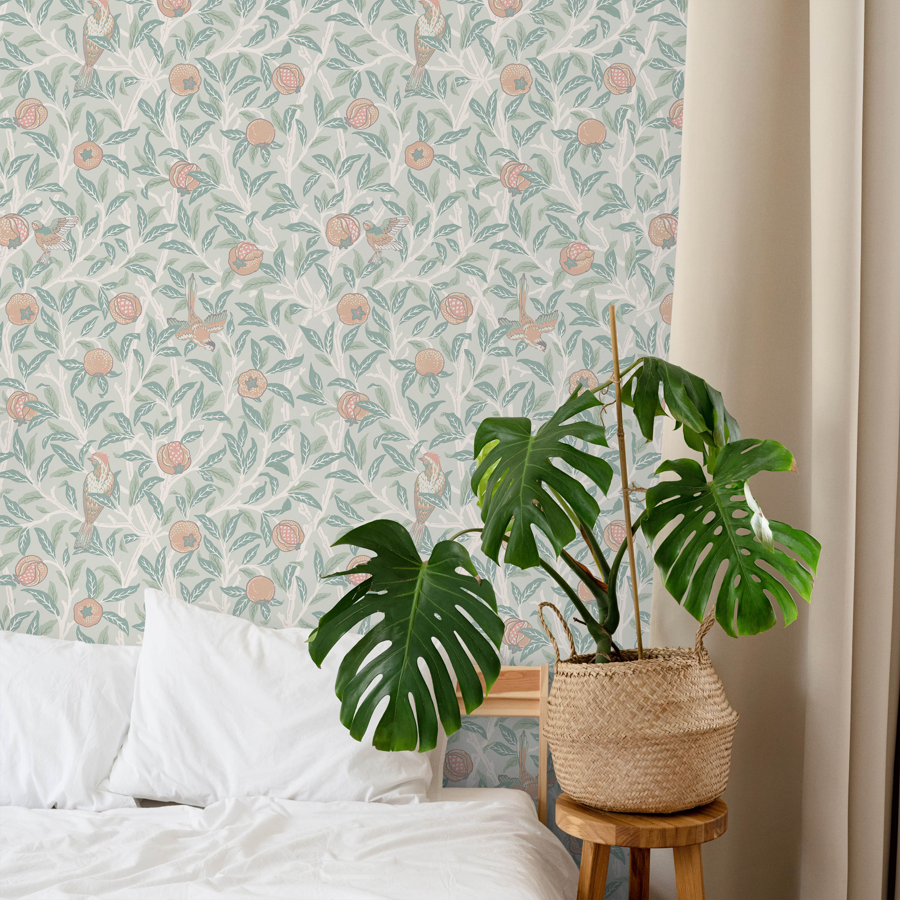 William Morris X Bird and Pomegranate Peel and Stick Wallpaper, Removable Wallpaper, Traditional Wallpaper - Ivory | DeccoPrint