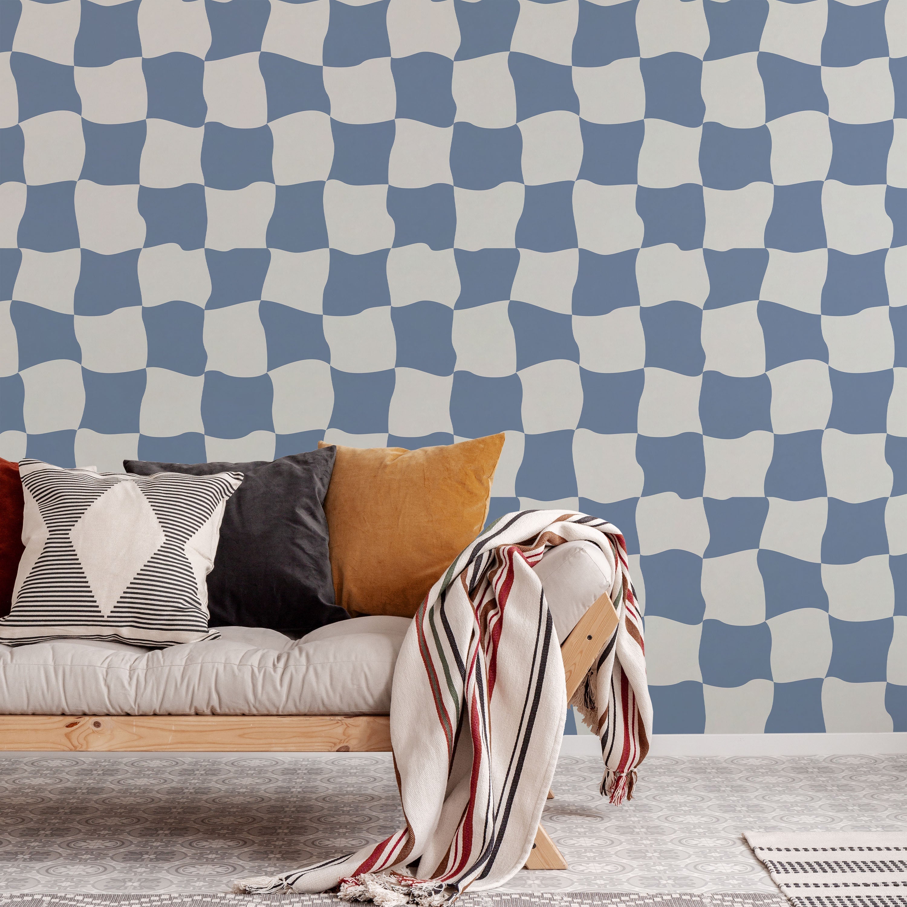 Wavy Squares Peel and Stick Wallpaper, Removable Wallpaper, Traditional Wallpaper - Blue | DeccoPrint