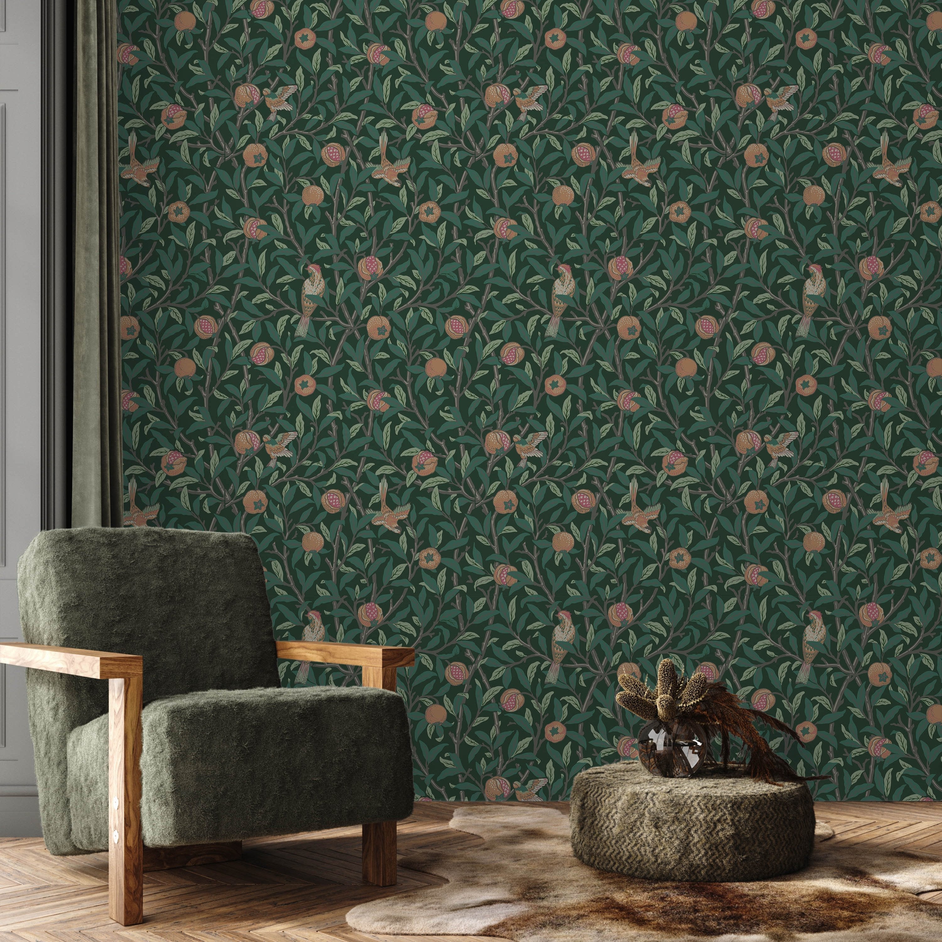 William Morris X Bird and Pomegranate Peel and Stick Wallpaper, Removable Wallpaper, Traditional Wallpaper - Green | DeccoPrint